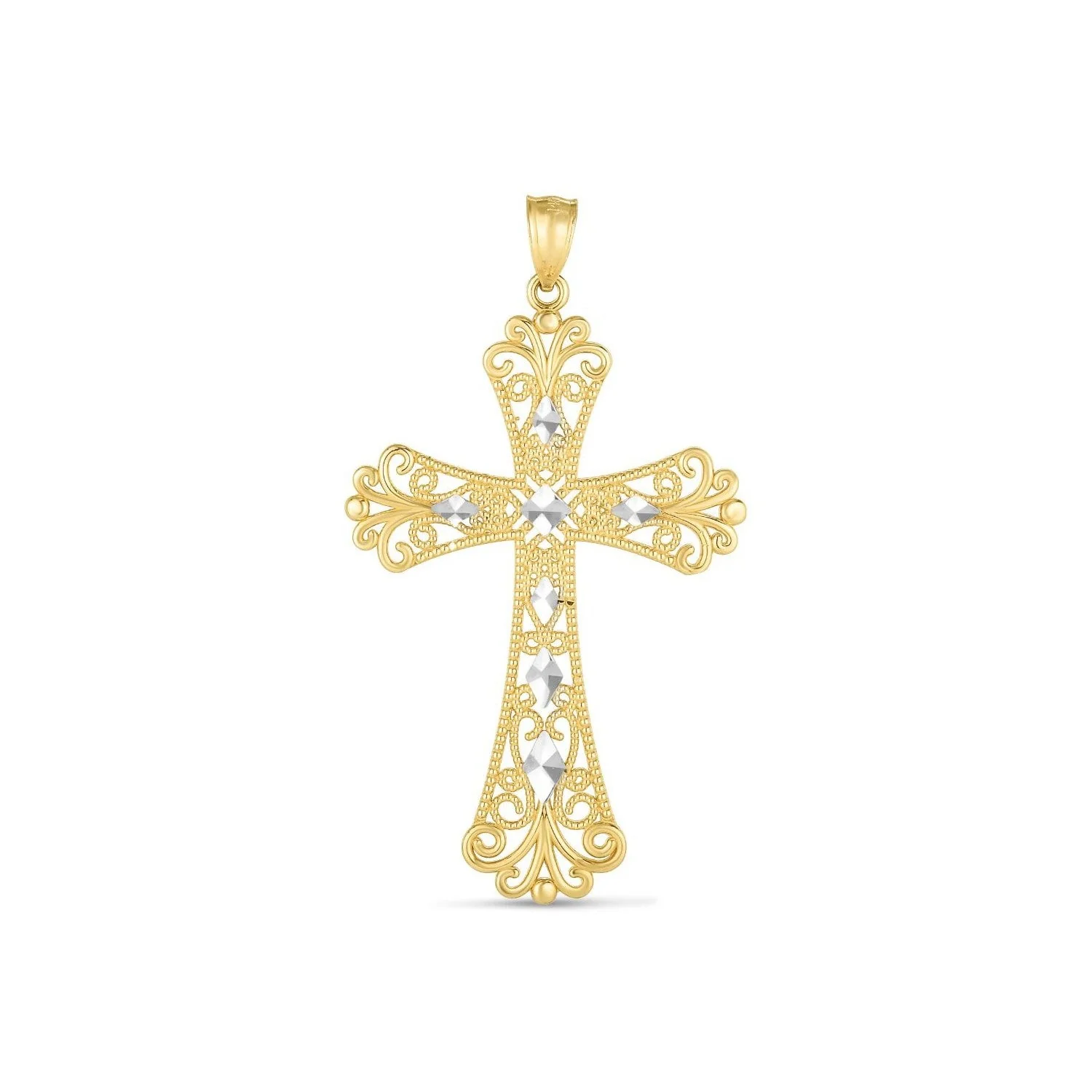 14k Two Tone Gold High Polish Diamond Cut Cross Pendant - Image 3
