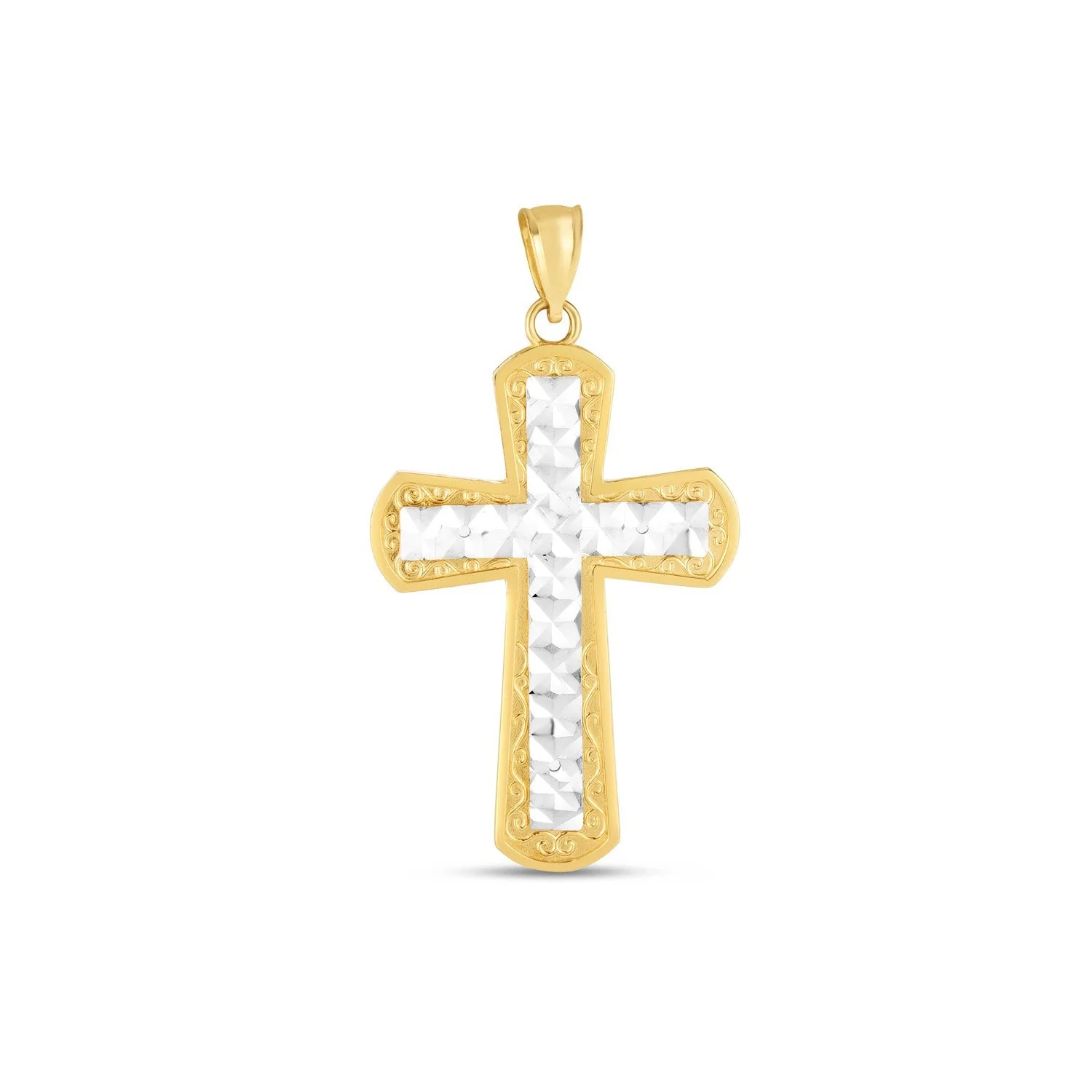 14k Two Tone Gold High Polish Diamond Cut Cross Pendant - Image 2