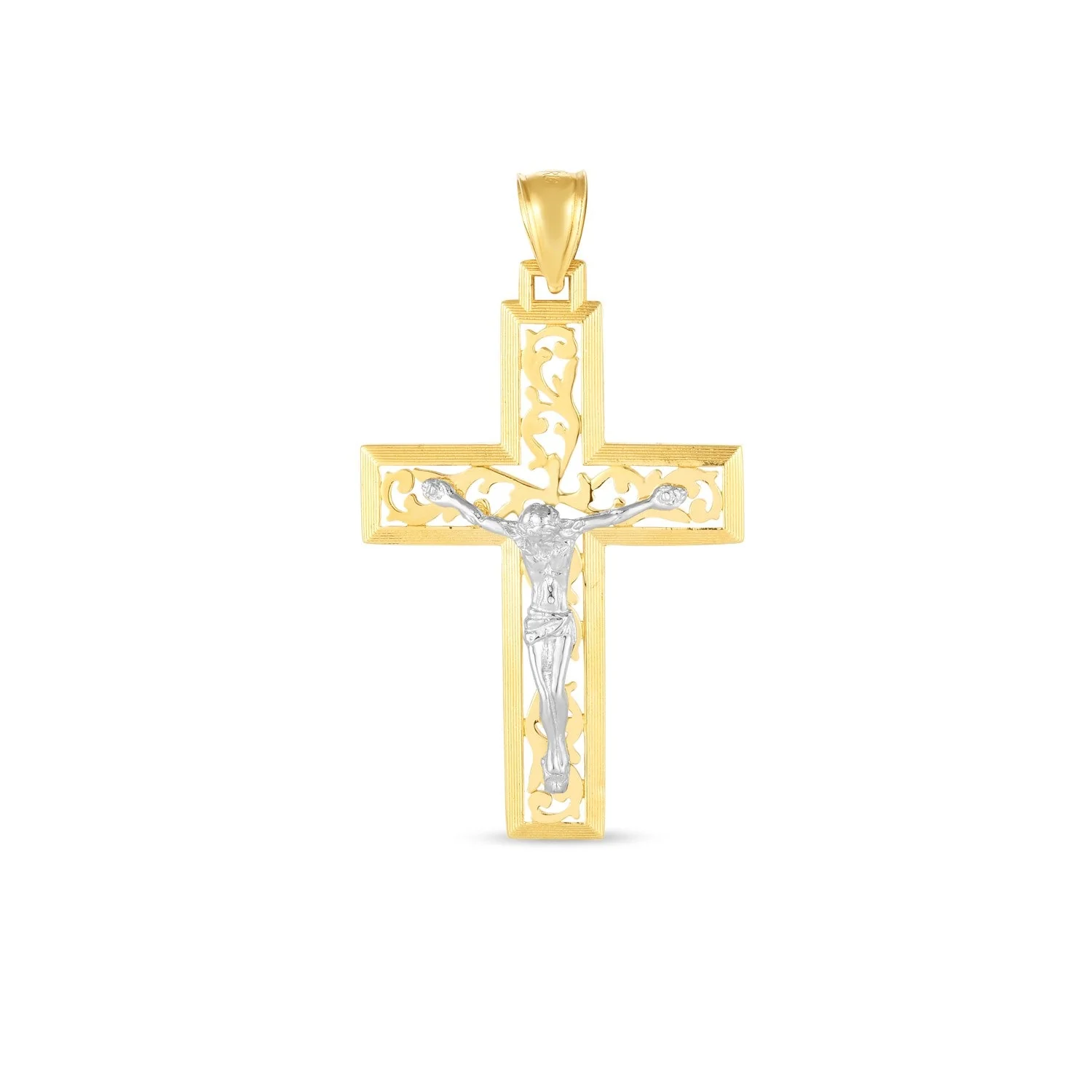 14k Two Tone Gold High Polish Diamond Cut Cross Pendant - Image 3
