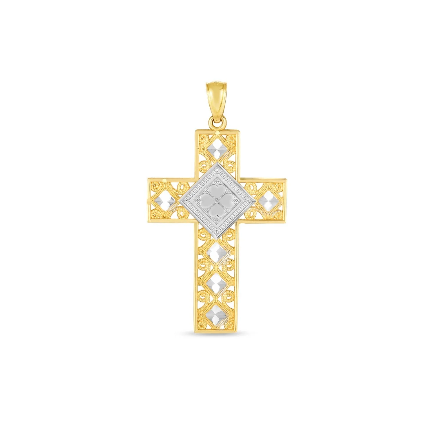 14k Two Tone Gold High Polish Diamond Cut Cross Pendant - Image 3