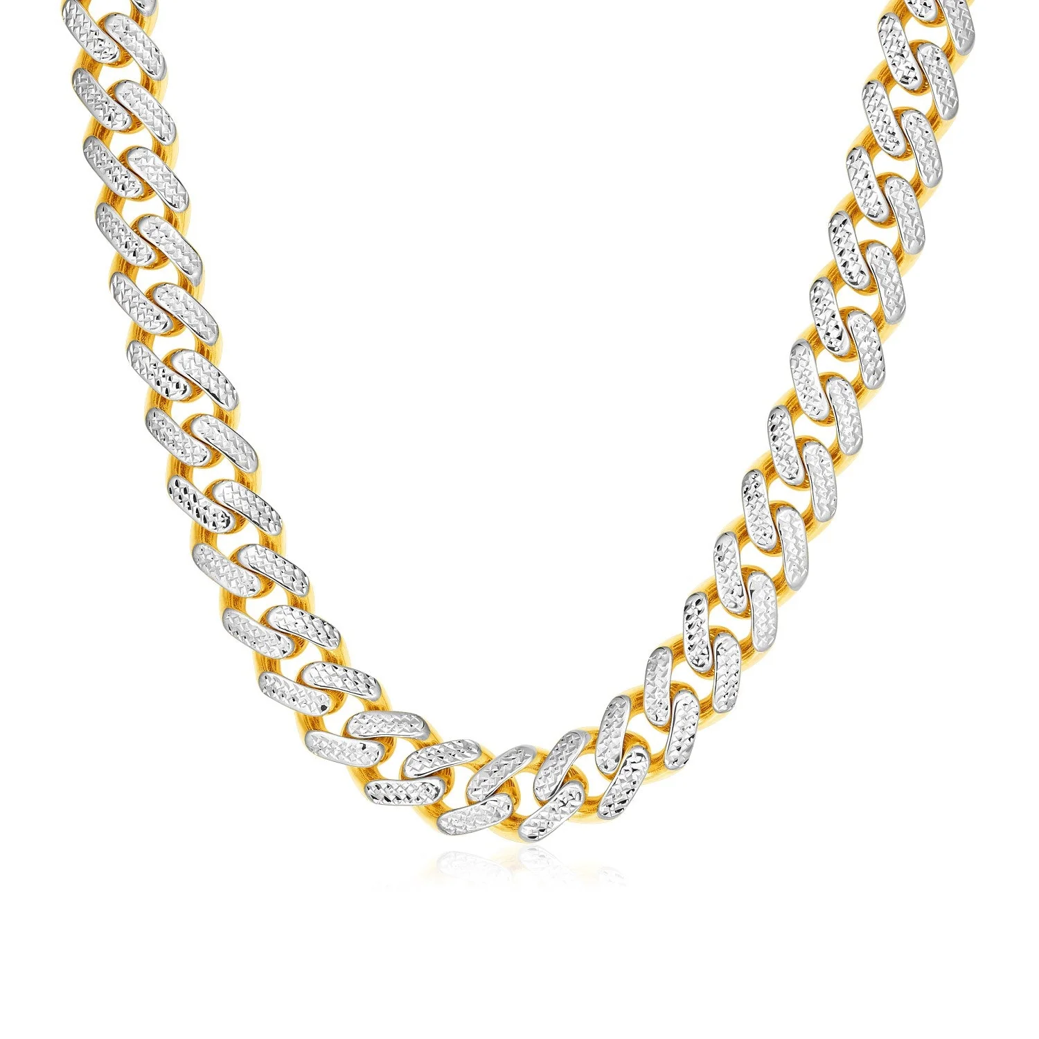 14k Two Tone Gold Miami Cuban Chain Necklace with White Pave - Image 3