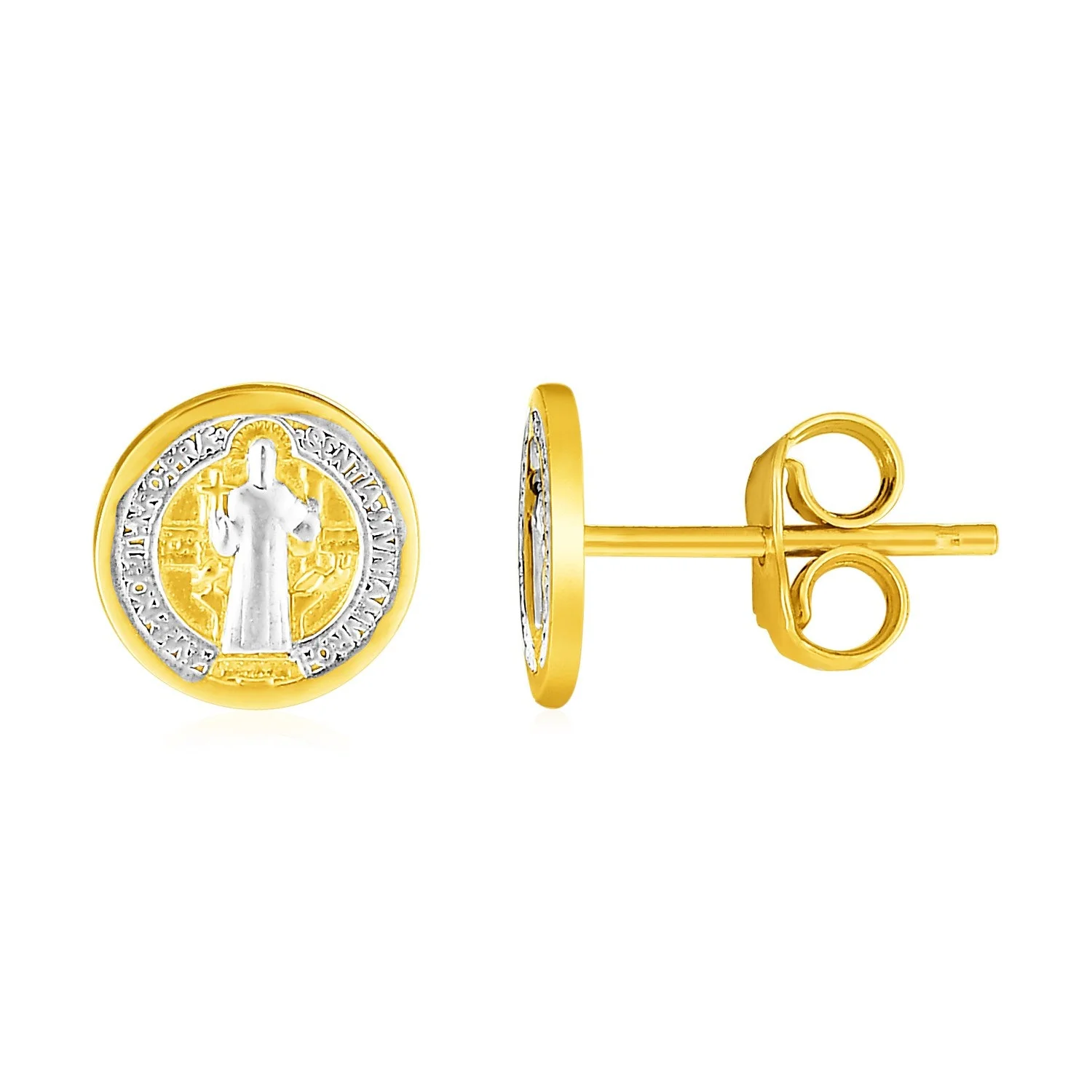 14k Two Tone Gold Round Religious Medal Post Earrings - Image 2