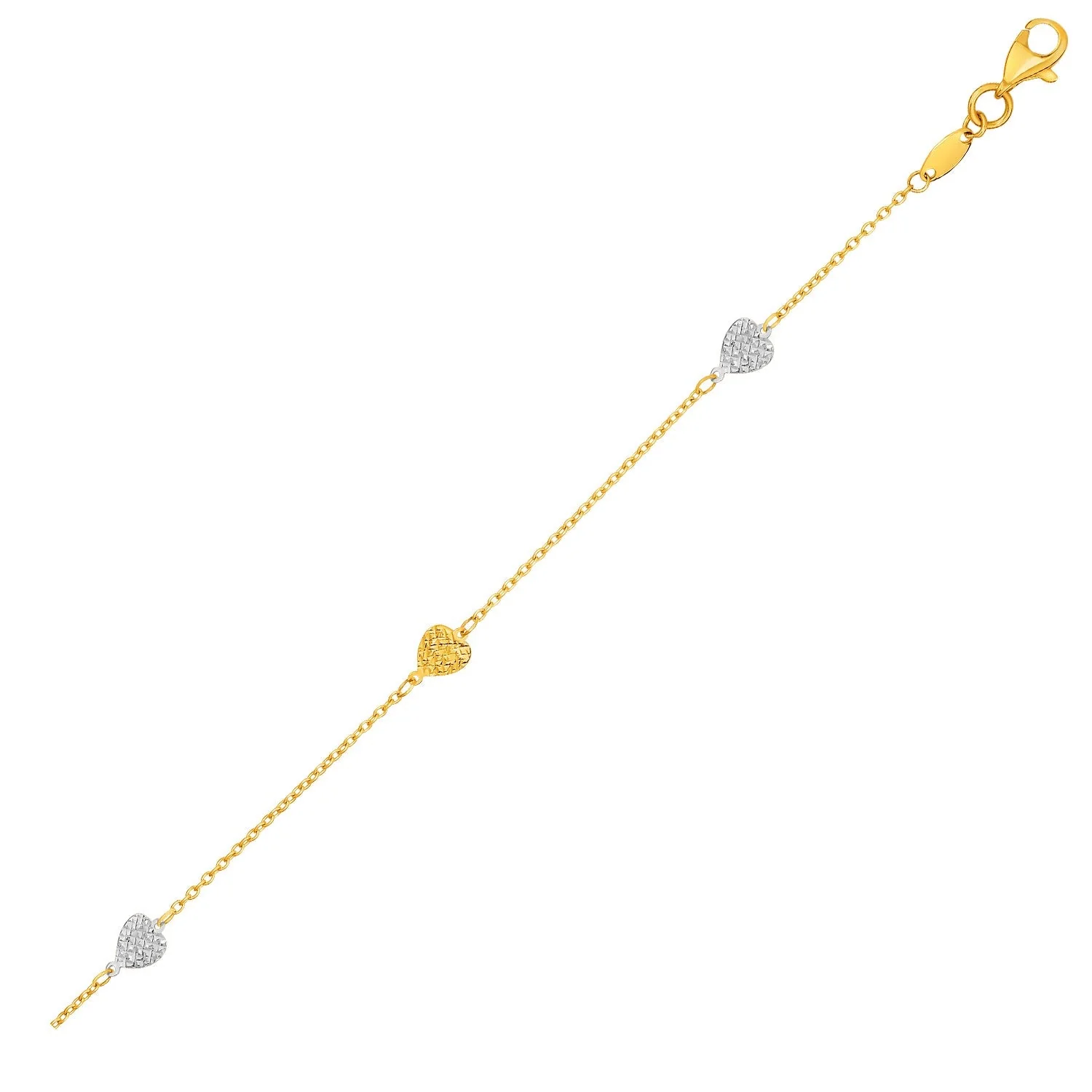 14k Two-Toned Yellow and White Gold Anklet with Textured Hearts - Image 3