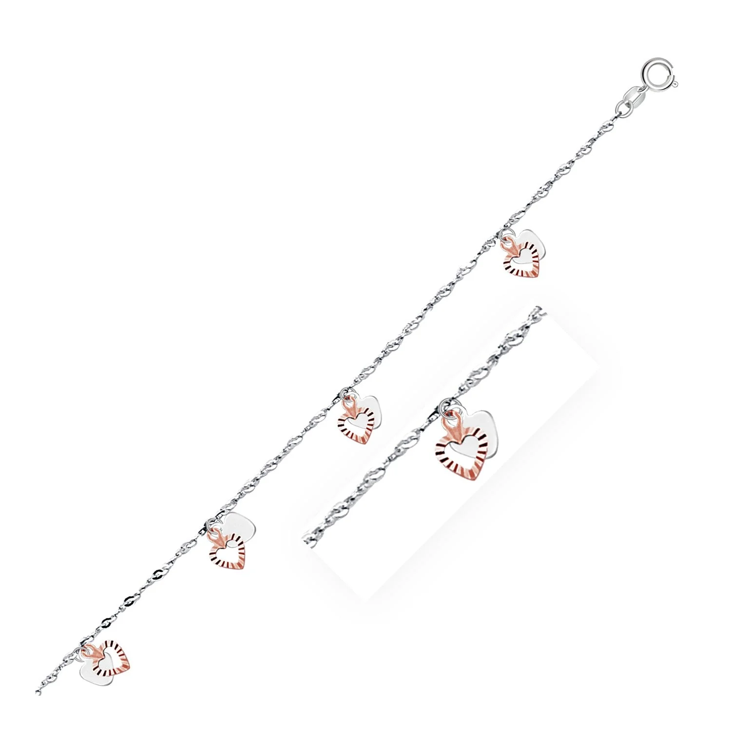 14k White and Rose Gold Anklet with Dual Heart Charms - Image 3
