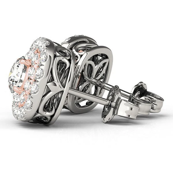 14k White and Rose Gold Cushion Shape Halo Diamond Earrings (3/4 cttw) - Image 2