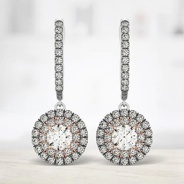 14k White And Rose Gold Drop Diamond Earrings with a Halo Design (3/4 cttw) - Image 4