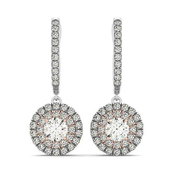 14k White And Rose Gold Drop Diamond Earrings with a Halo Design (3/4 cttw) - Image 5