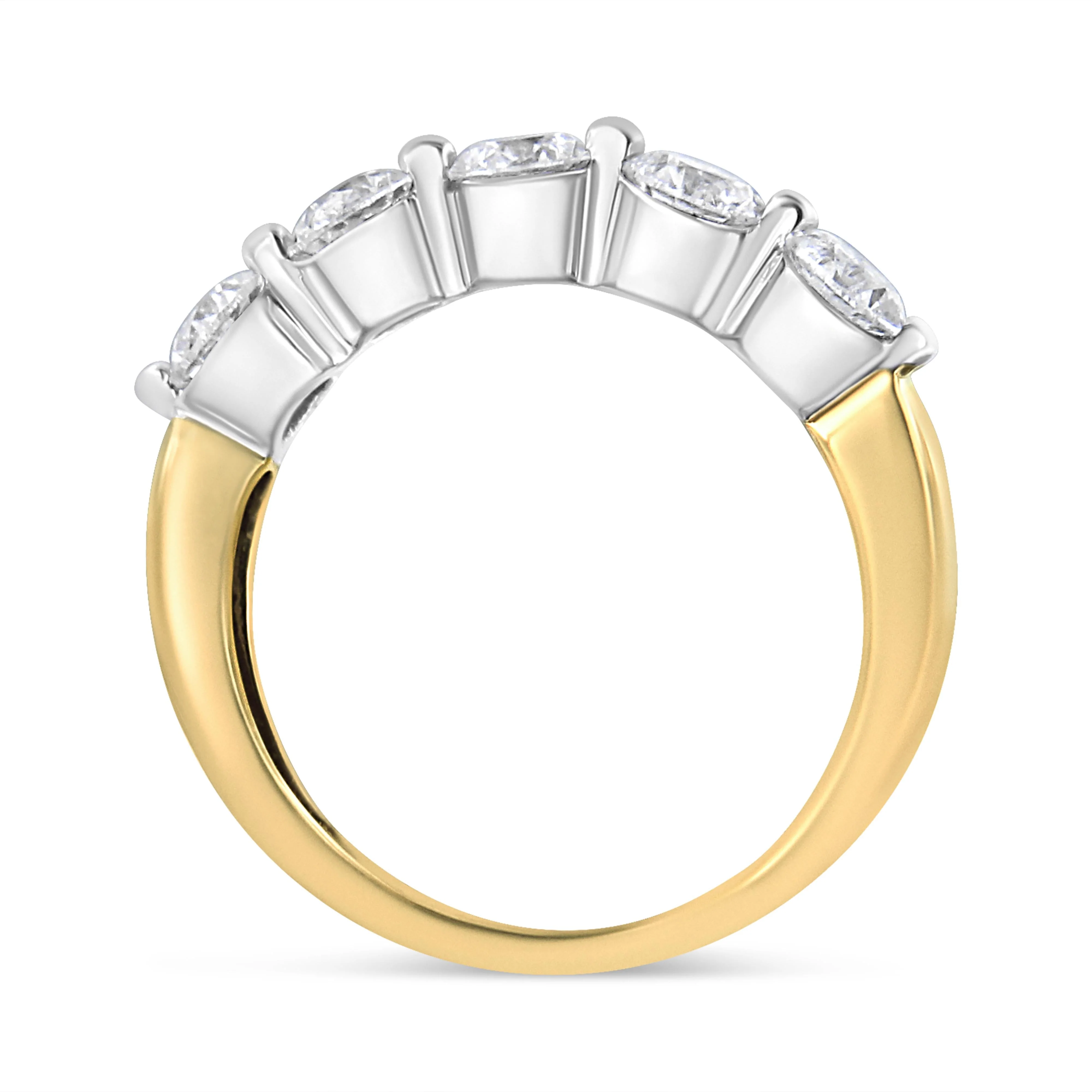 14K White and Yellow Gold 1 1/2 Cttw 2 Prong Cup Set Round-Cut Diamond 5 Stone Ring Band (H-I Color, SI2-I1 Clarity) - Ring Size 7 - Image 3