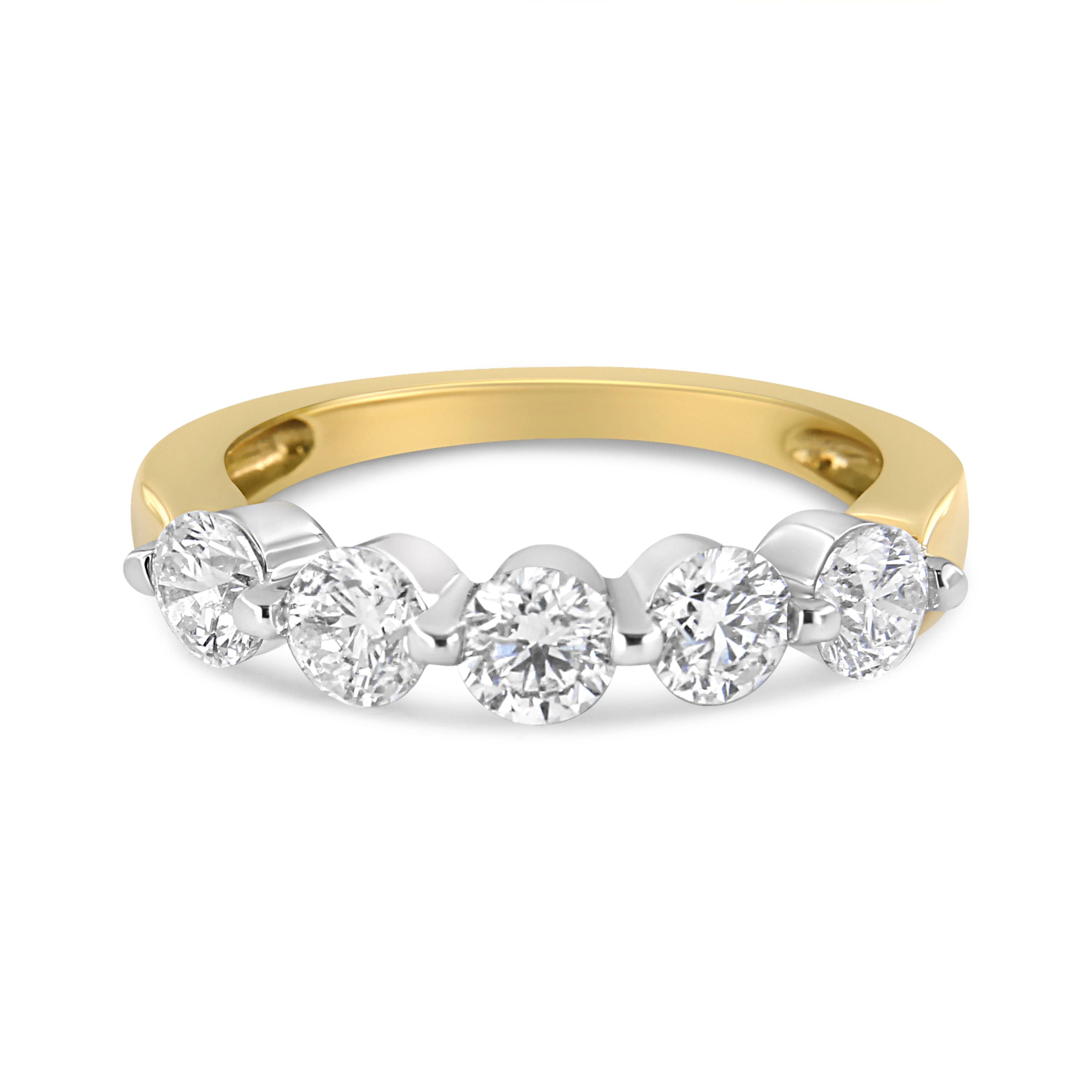 14K White and Yellow Gold 1 1/2 Cttw 2 Prong Cup Set Round-Cut Diamond 5 Stone Ring Band (H-I Color, SI2-I1 Clarity) - Ring Size 7 - Image 4
