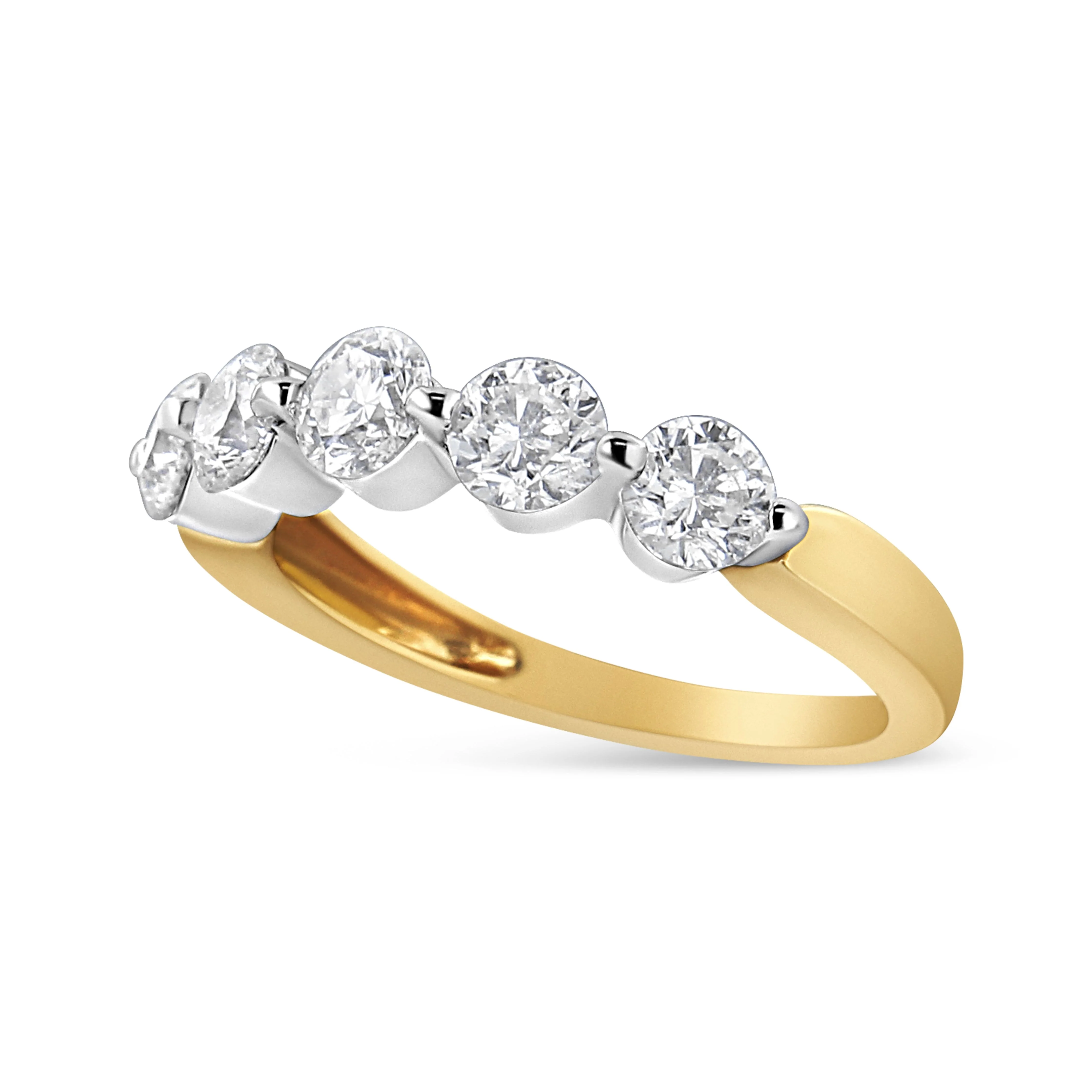 14K White and Yellow Gold 1 1/2 Cttw 2 Prong Cup Set Round-Cut Diamond 5 Stone Ring Band (H-I Color, SI2-I1 Clarity) - Ring Size 7 - Image 5