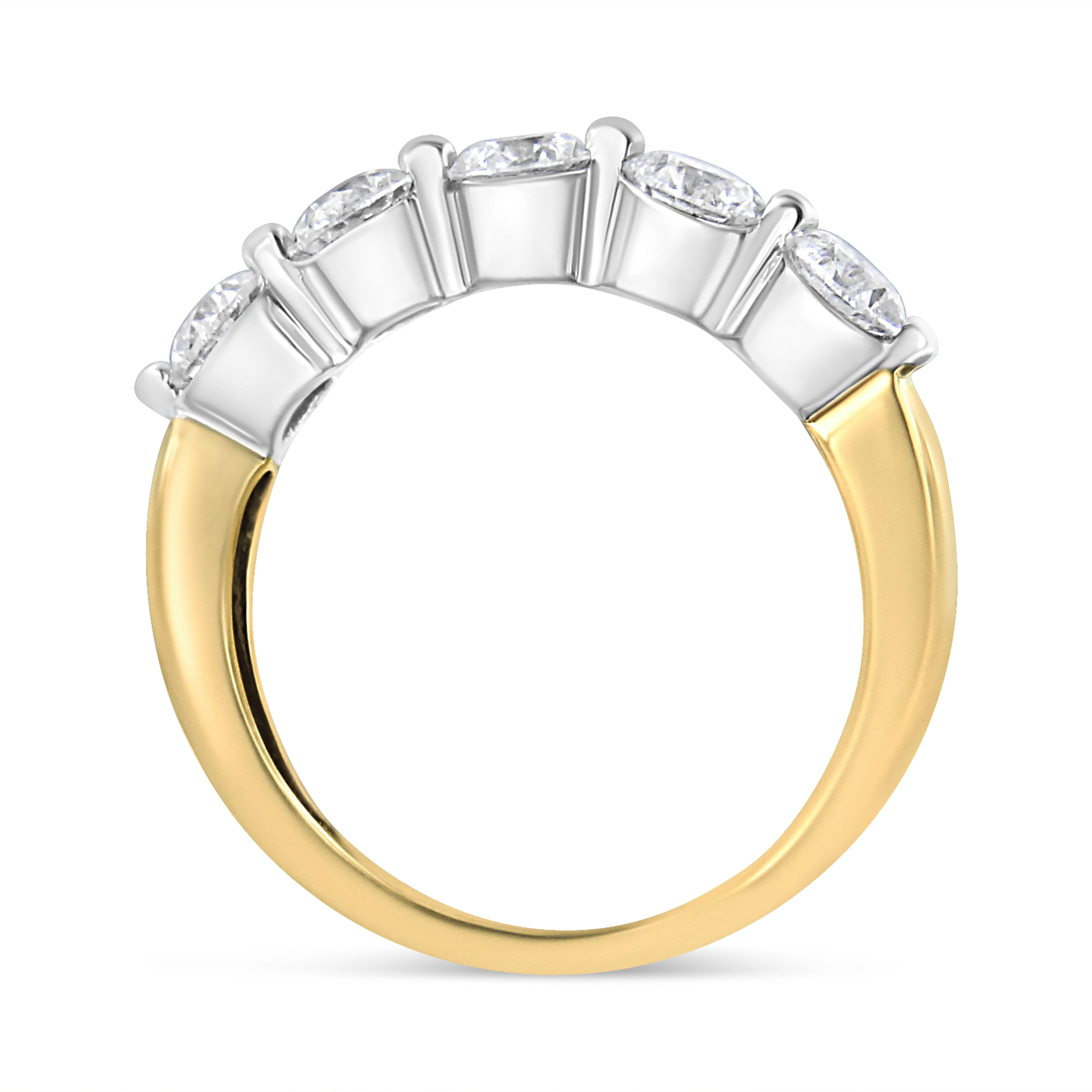 14K White and Yellow Gold 1 1/2 Cttw 2 Prong Cup Set Round-Cut Diamond 5 Stone Ring Band (H-I Color, SI2-I1 Clarity) - Ring Size 7 - Image 6