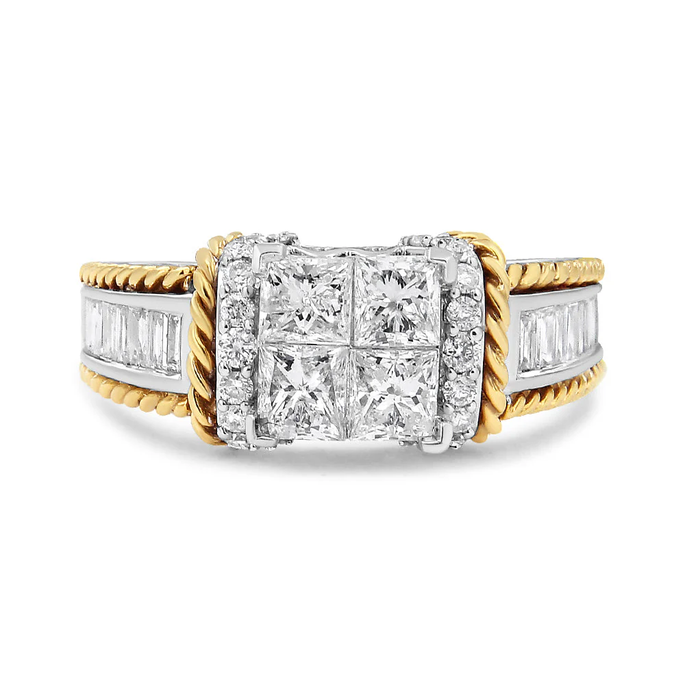 14K White and Yellow Gold 1 1/2 Cttw Invisible Set Princess-Cut Diamond Quad Style Engagement Ring (H-I Color, SI2-I1 Clarity) - Ring Size 7 - Image 4
