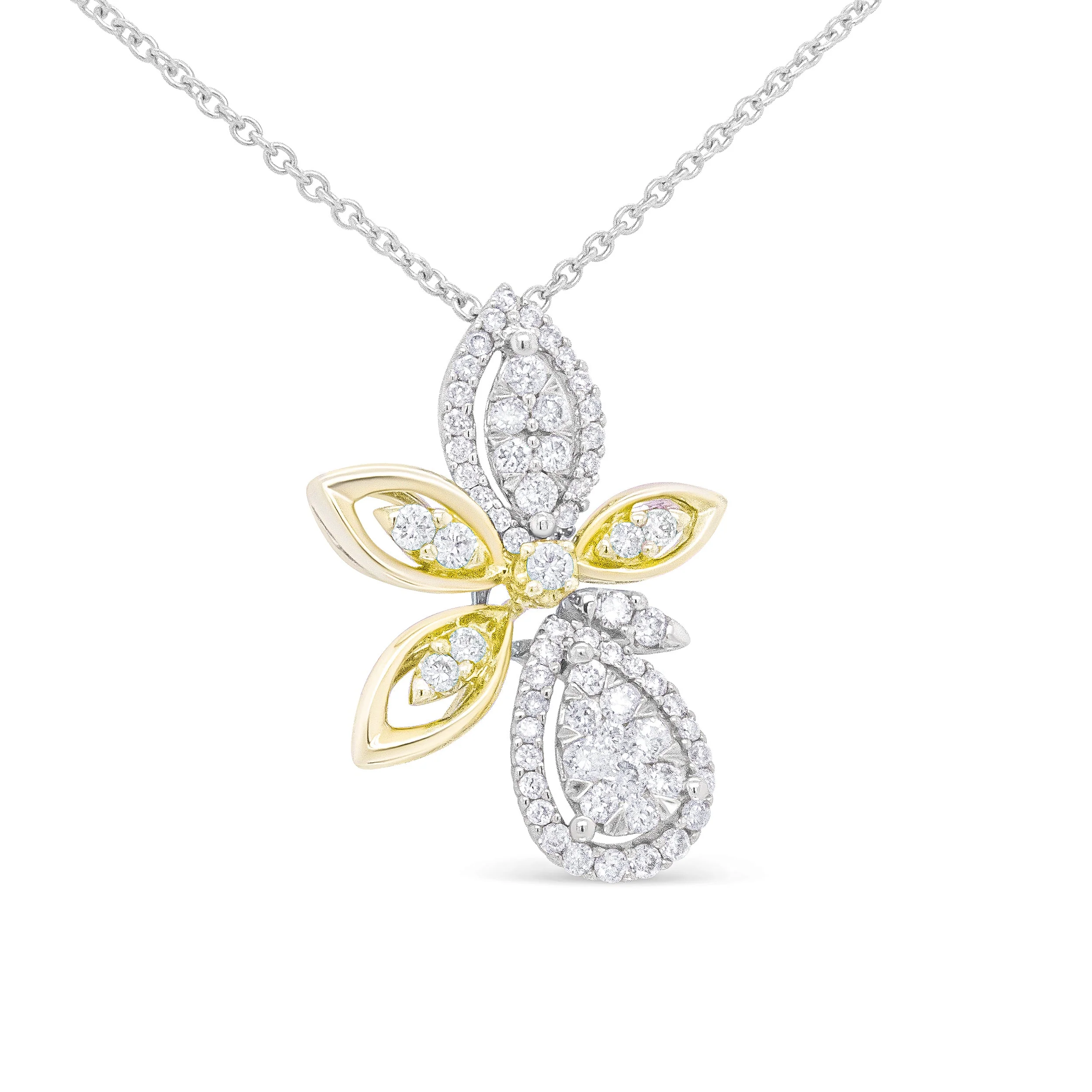 14K White and Yellow Gold 5/8 Cttw Round Diamond Marquise Floral Style 18" Pendant Necklace (H-I Color, I1-I2 Clarity) - Image 3