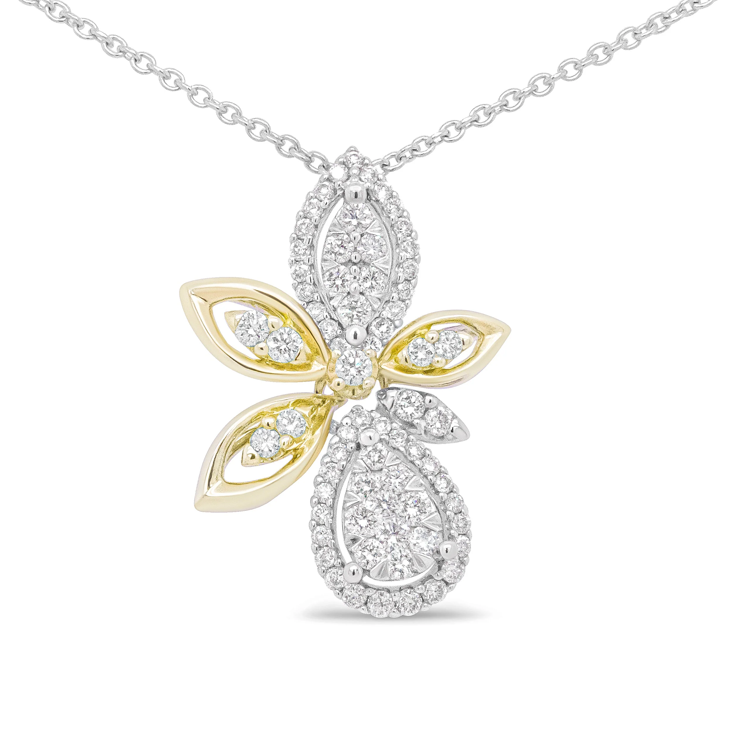 14K White and Yellow Gold 5/8 Cttw Round Diamond Marquise Floral Style 18" Pendant Necklace (H-I Color, I1-I2 Clarity) - Image 4