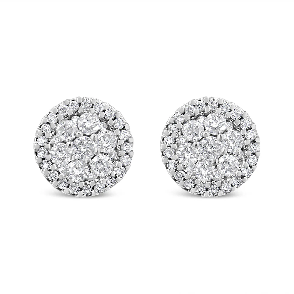 14K White Gold 1.0 Cttw Brilliant-Cut Diamond Halo-Style Cluster Round Button Stud Earrings (H-I Color, I1-I2 Clarity) - Image 5