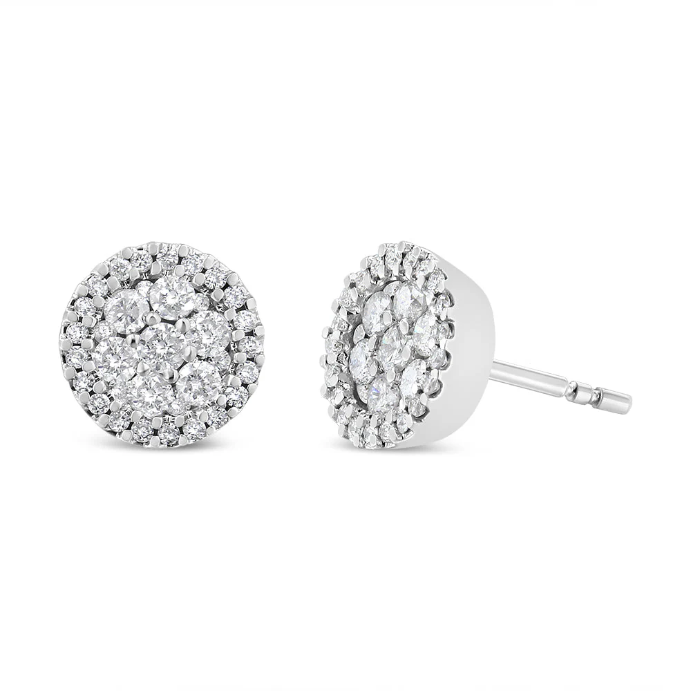 14K White Gold 1.0 Cttw Brilliant-Cut Diamond Halo-Style Cluster Round Button Stud Earrings (H-I Color, I1-I2 Clarity) - Image 6