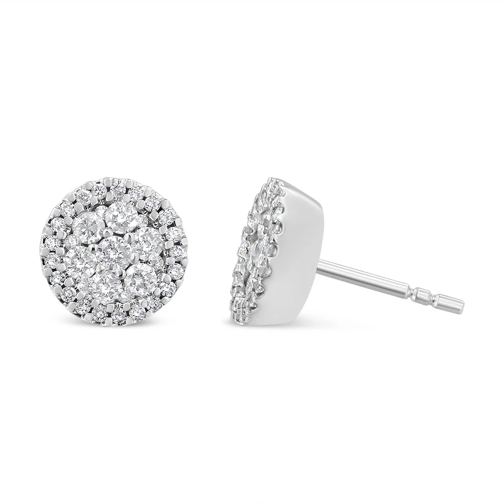 14K White Gold 1.0 Cttw Brilliant-Cut Diamond Halo-Style Cluster Round Button Stud Earrings (H-I Color, I1-I2 Clarity) - Image 7