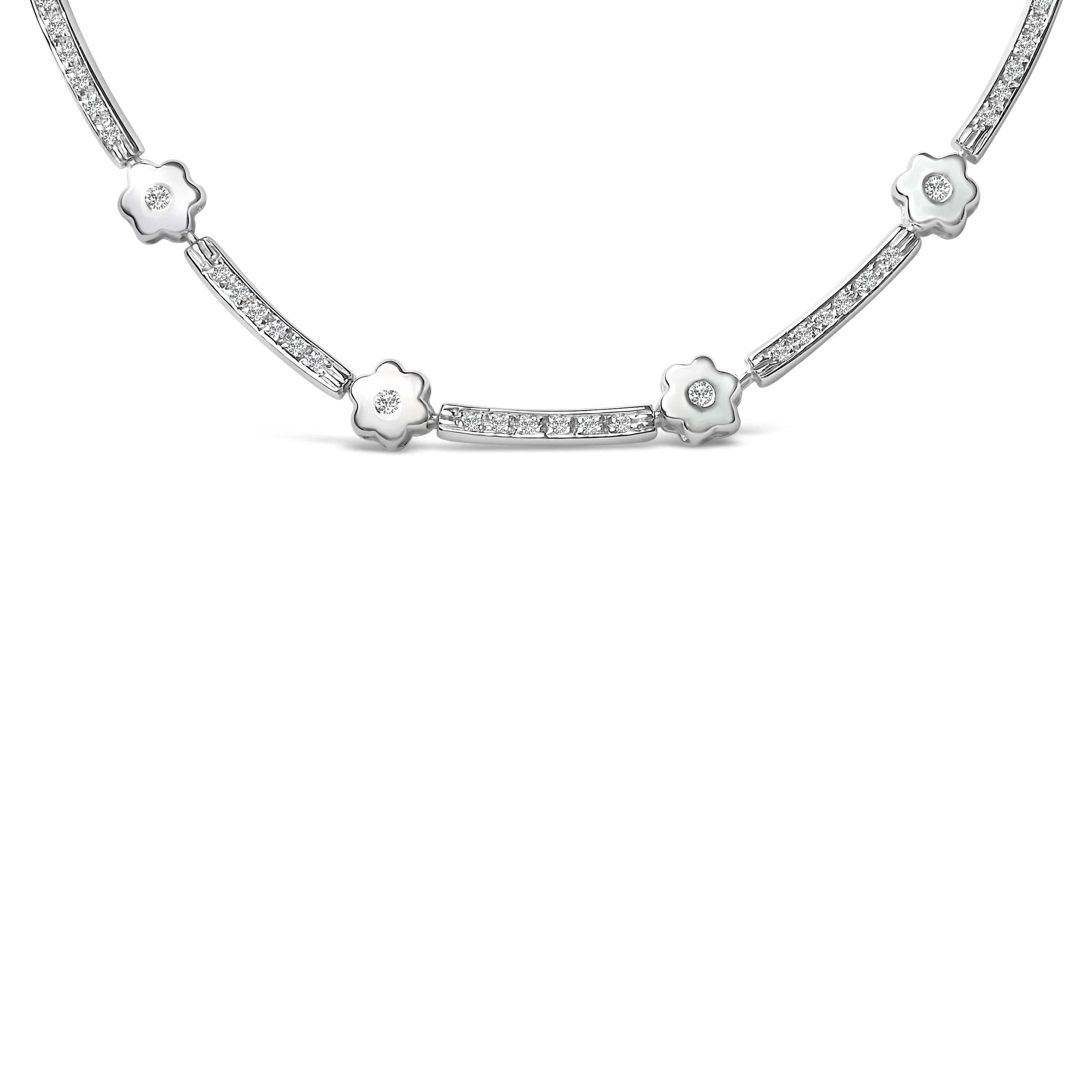 14K White Gold 1.0 Cttw Diamond Flower and Bar Station Necklace - Image 2