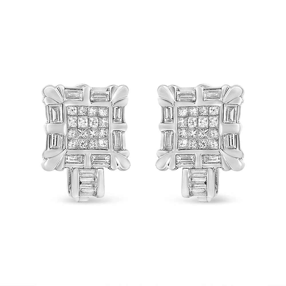14K White Gold 1.0 Cttw Princess and Baguette-Cut Diamond Square Framed Huggie Hoop Omega Earrings (H-I Color, SI1-SI2 Clarity) - Image 3