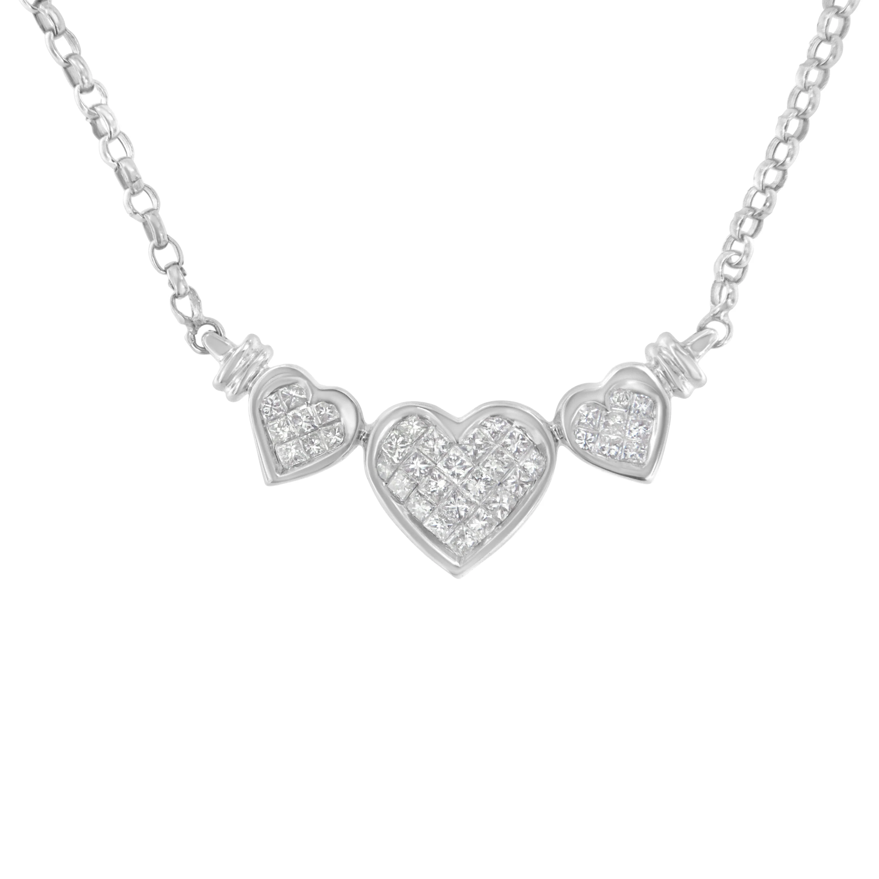 14K White Gold 1.0 Cttw Princess Cut Diamond Three Heart 18" Statement Pendant Necklace (H-I Color, SI2-I1 Clarity) - Image 4