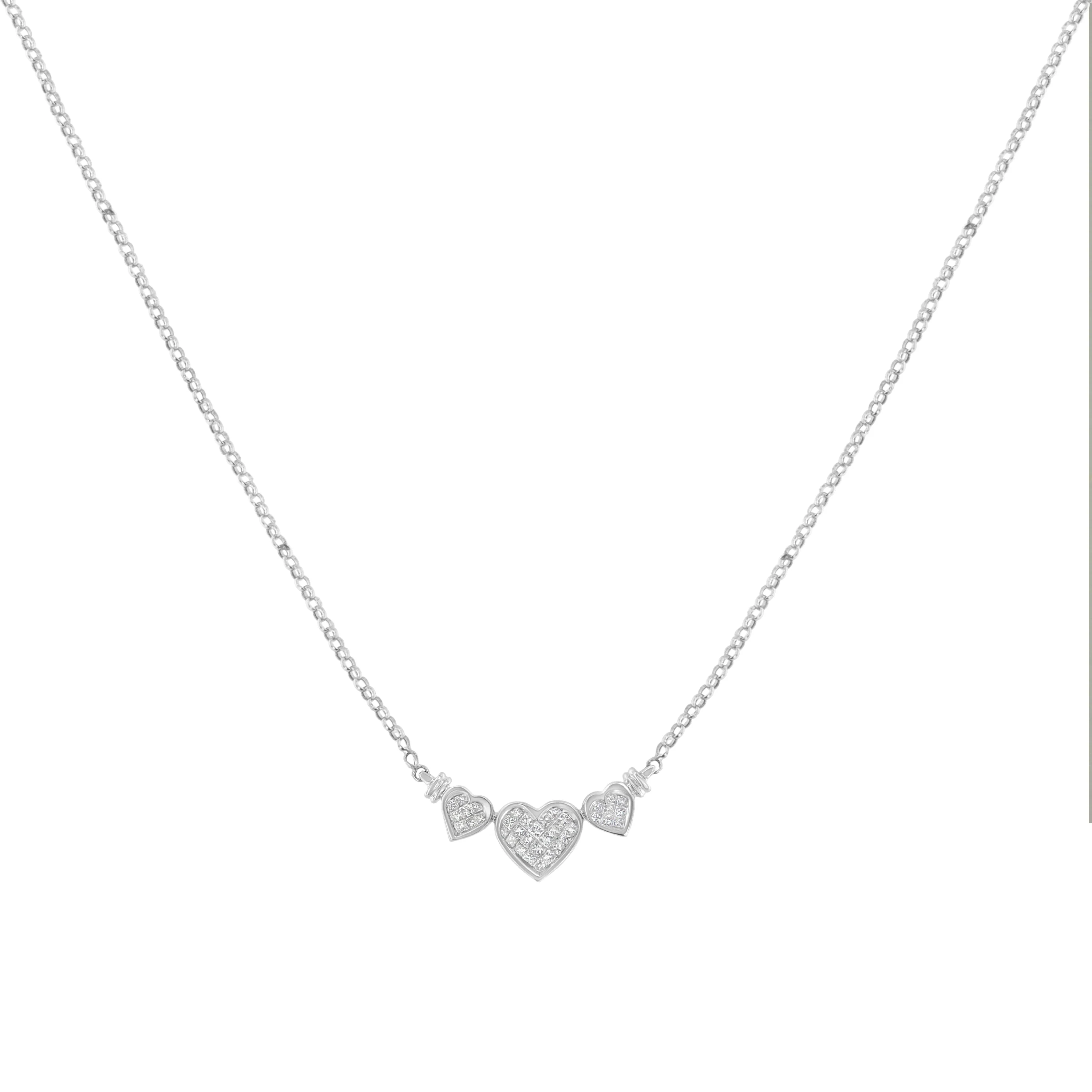 14K White Gold 1.0 Cttw Princess Cut Diamond Three Heart 18" Statement Pendant Necklace (H-I Color, SI2-I1 Clarity) - Image 5
