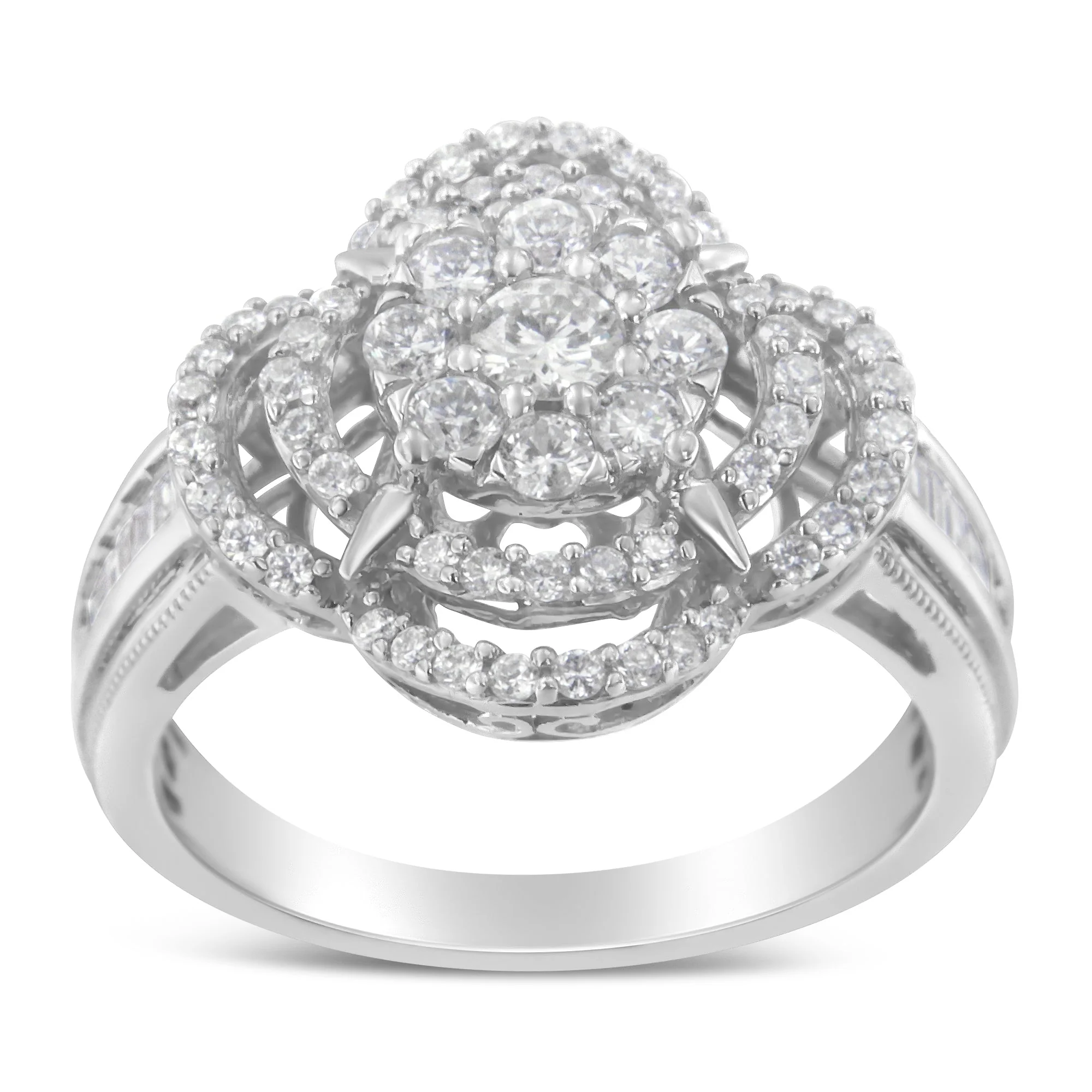 14K White Gold 1.0 Cttw Round & Baguette Cut Diamond Floral Cluster Quatrefoil Channel Set Band Cocktail Statement Ring (H-I Color, SI2-I1 Clarity) - Size 6-3/4 - Image 2