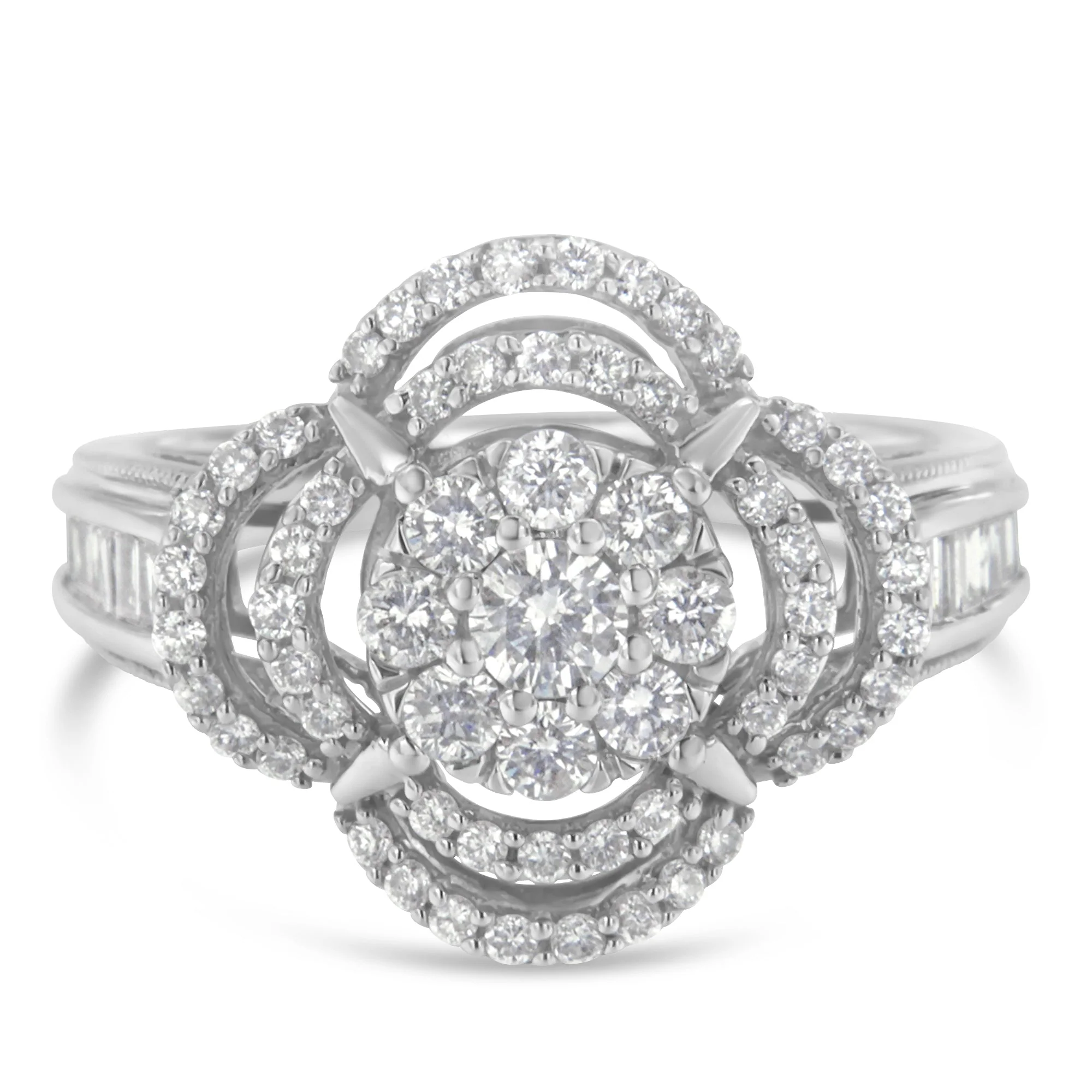 14K White Gold 1.0 Cttw Round & Baguette Cut Diamond Floral Cluster Quatrefoil Channel Set Band Cocktail Statement Ring (H-I Color, SI2-I1 Clarity) - Size 6-3/4 - Image 3