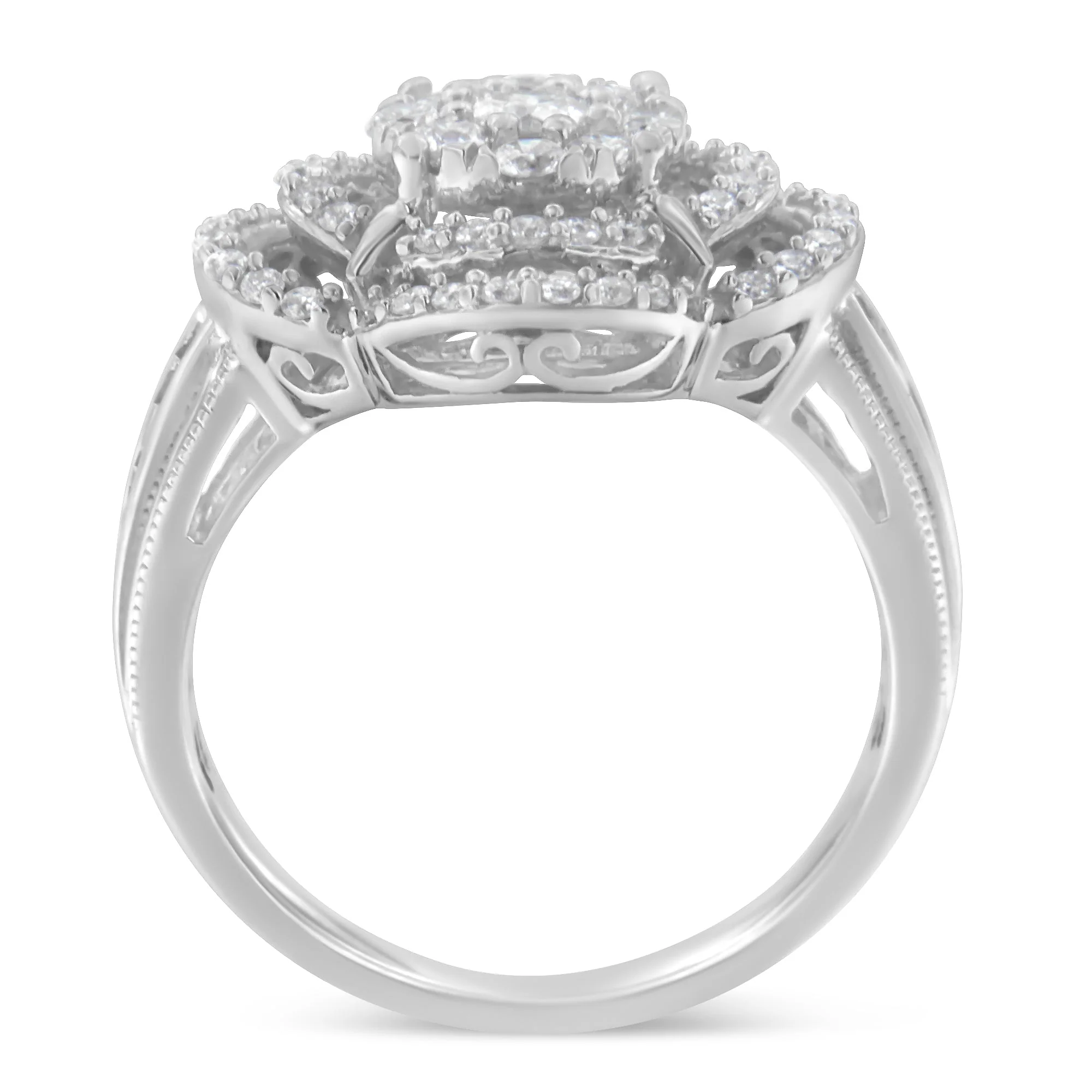 14K White Gold 1.0 Cttw Round & Baguette Cut Diamond Floral Cluster Quatrefoil Channel Set Band Cocktail Statement Ring (H-I Color, SI2-I1 Clarity) - Size 6-3/4 - Image 4