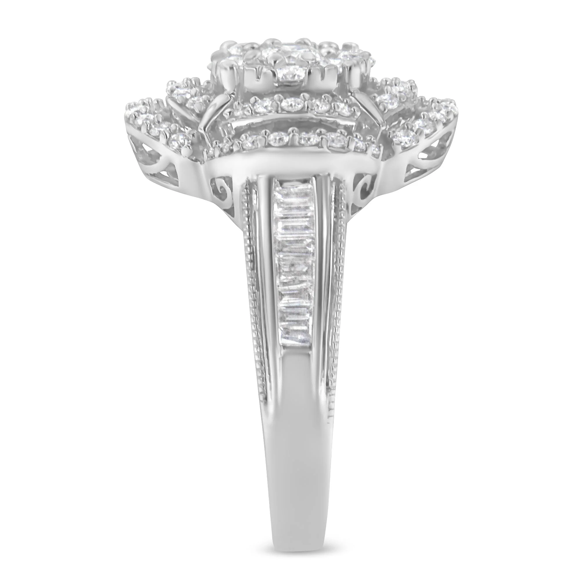 14K White Gold 1.0 Cttw Round & Baguette Cut Diamond Floral Cluster Quatrefoil Channel Set Band Cocktail Statement Ring (H-I Color, SI2-I1 Clarity) - Size 6-3/4 - Image 5