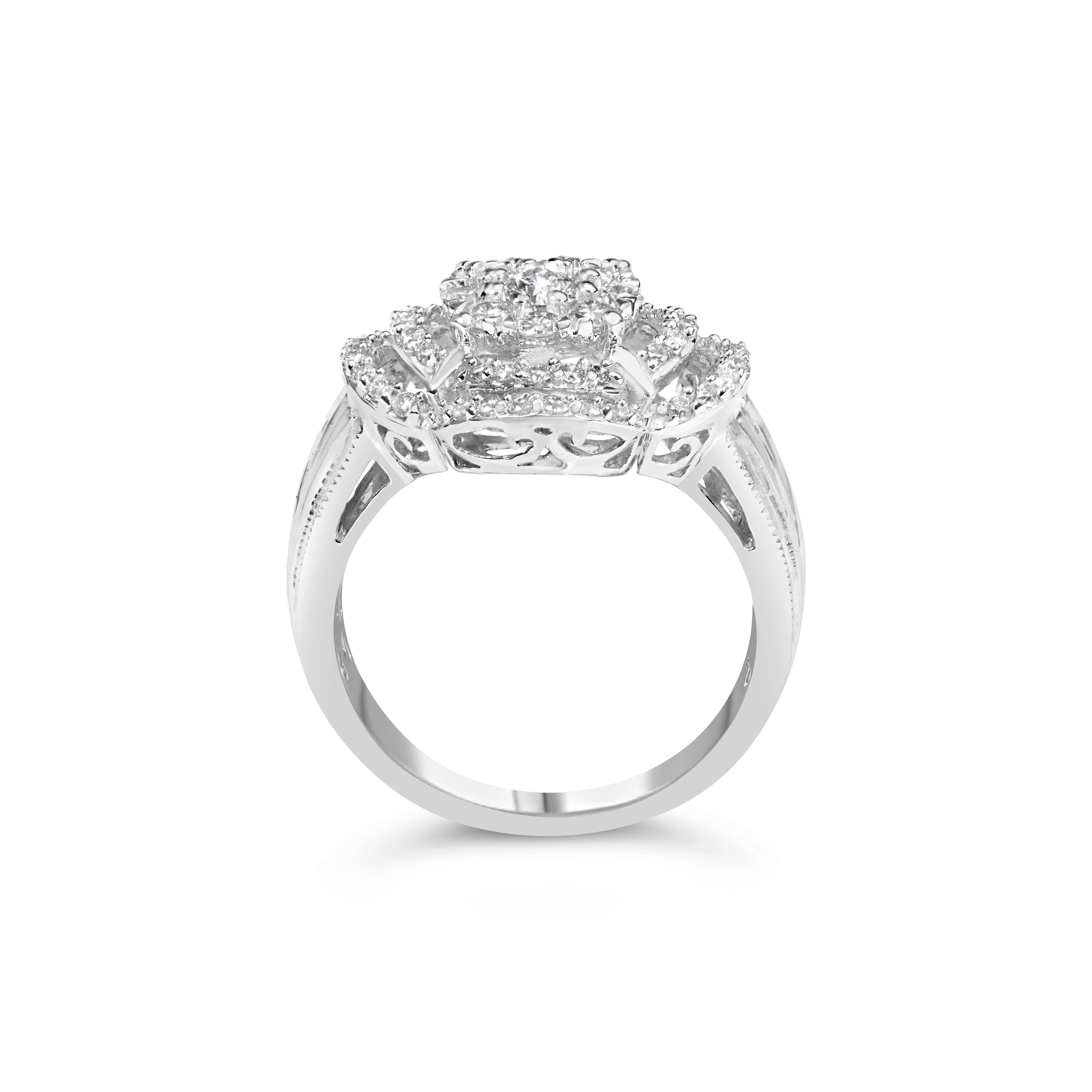 14K White Gold 1.0 Cttw Round & Baguette Cut Diamond Floral Cluster Quatrefoil Channel Set Band Cocktail Statement Ring (H-I Color, SI2-I1 Clarity) - Size 6-3/4 - Image 6