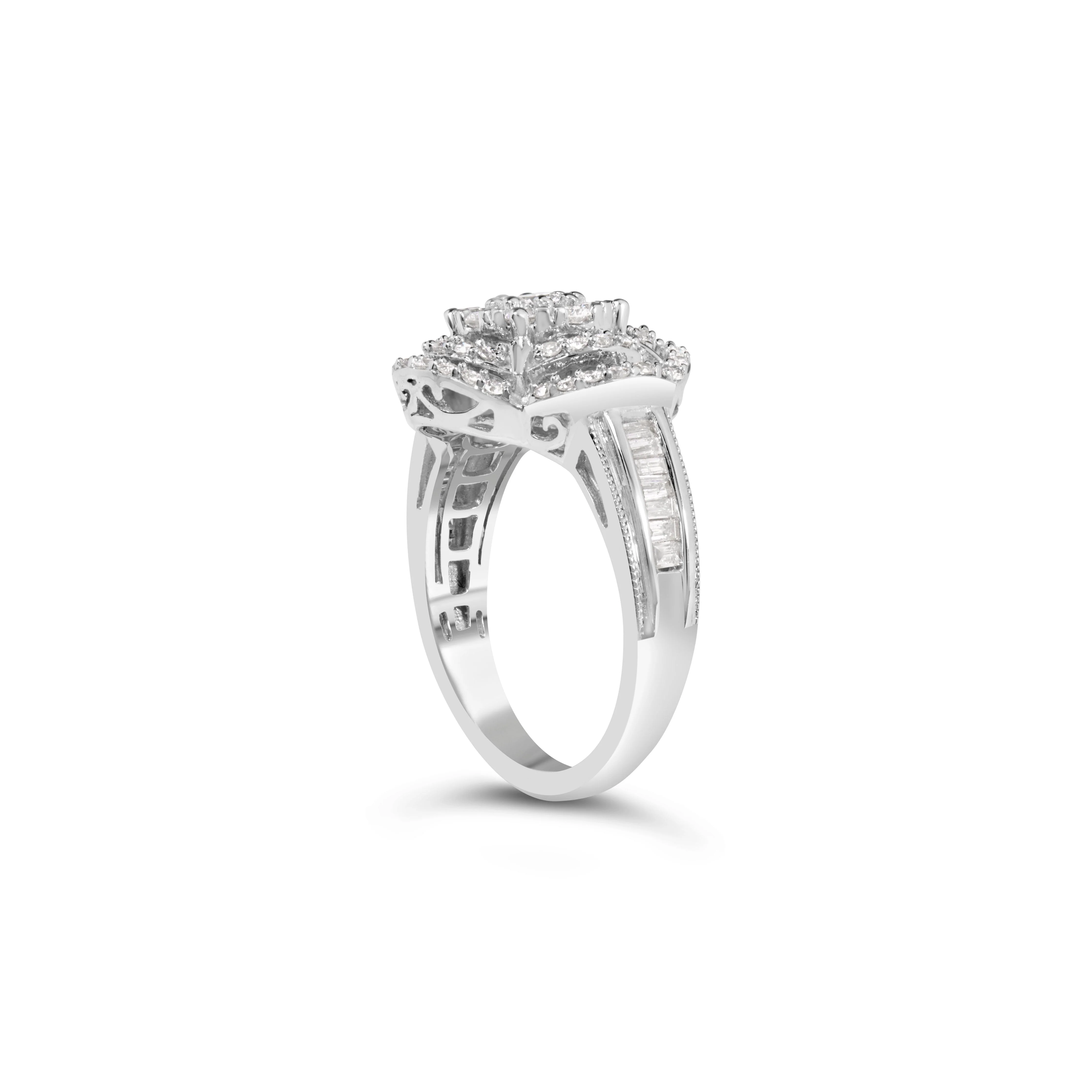 14K White Gold 1.0 Cttw Round & Baguette Cut Diamond Floral Cluster Quatrefoil Channel Set Band Cocktail Statement Ring (H-I Color, SI2-I1 Clarity) - Size 6-3/4 - Image 7