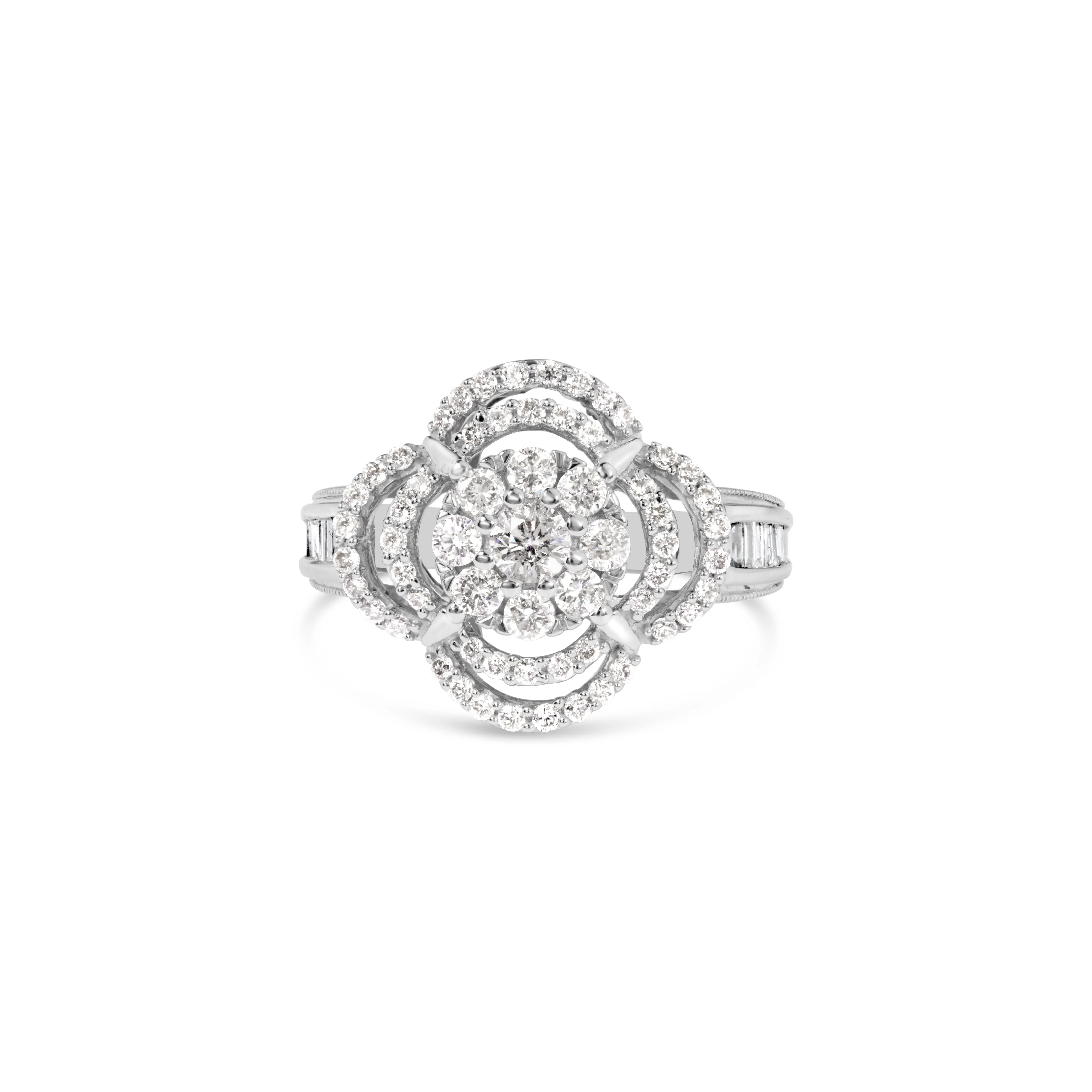 14K White Gold 1.0 Cttw Round & Baguette Cut Diamond Floral Cluster Quatrefoil Channel Set Band Cocktail Statement Ring (H-I Color, SI2-I1 Clarity) - Size 6-3/4 - Image 8