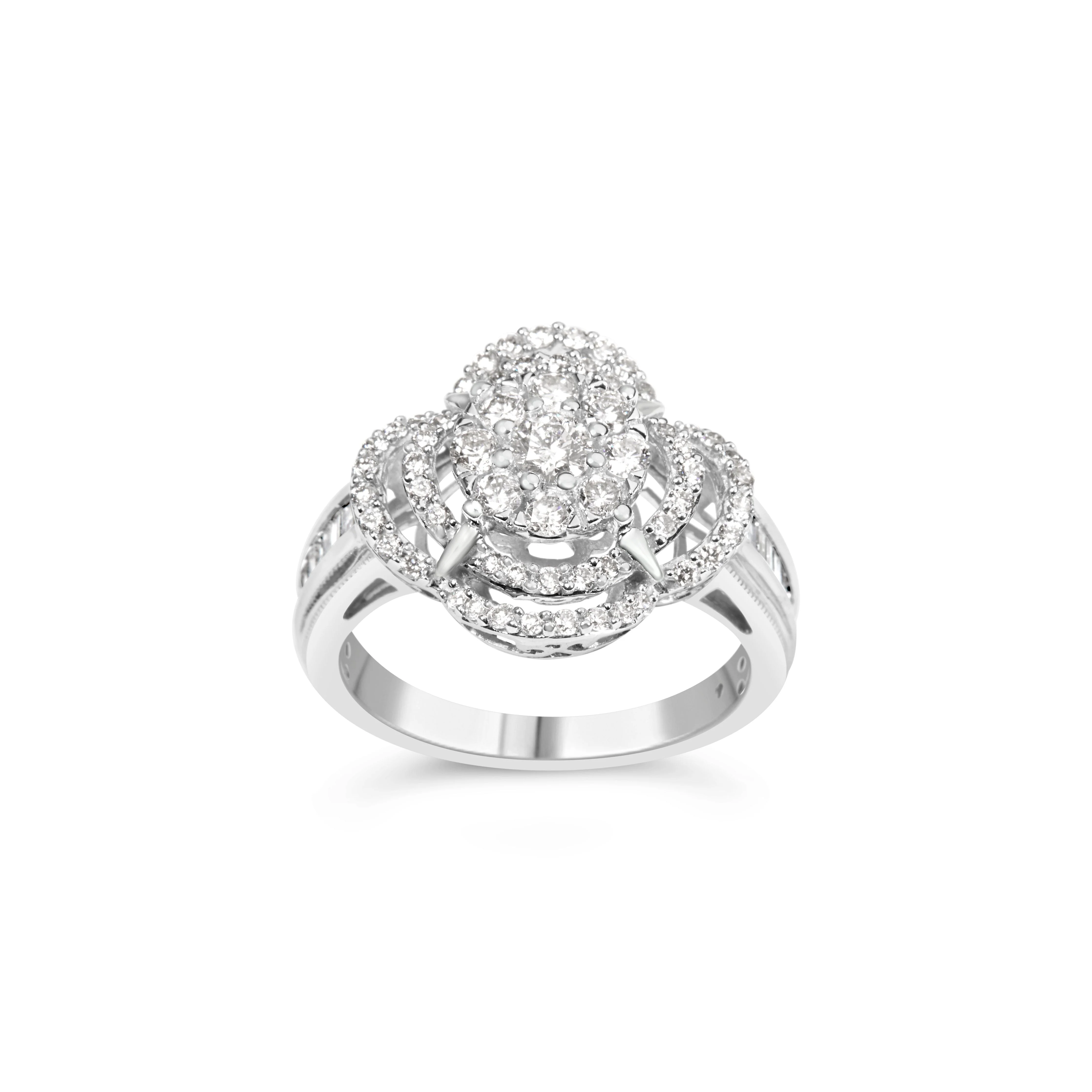 14K White Gold 1.0 Cttw Round & Baguette Cut Diamond Floral Cluster Quatrefoil Channel Set Band Cocktail Statement Ring (H-I Color, SI2-I1 Clarity) - Size 6-3/4 - Image 9