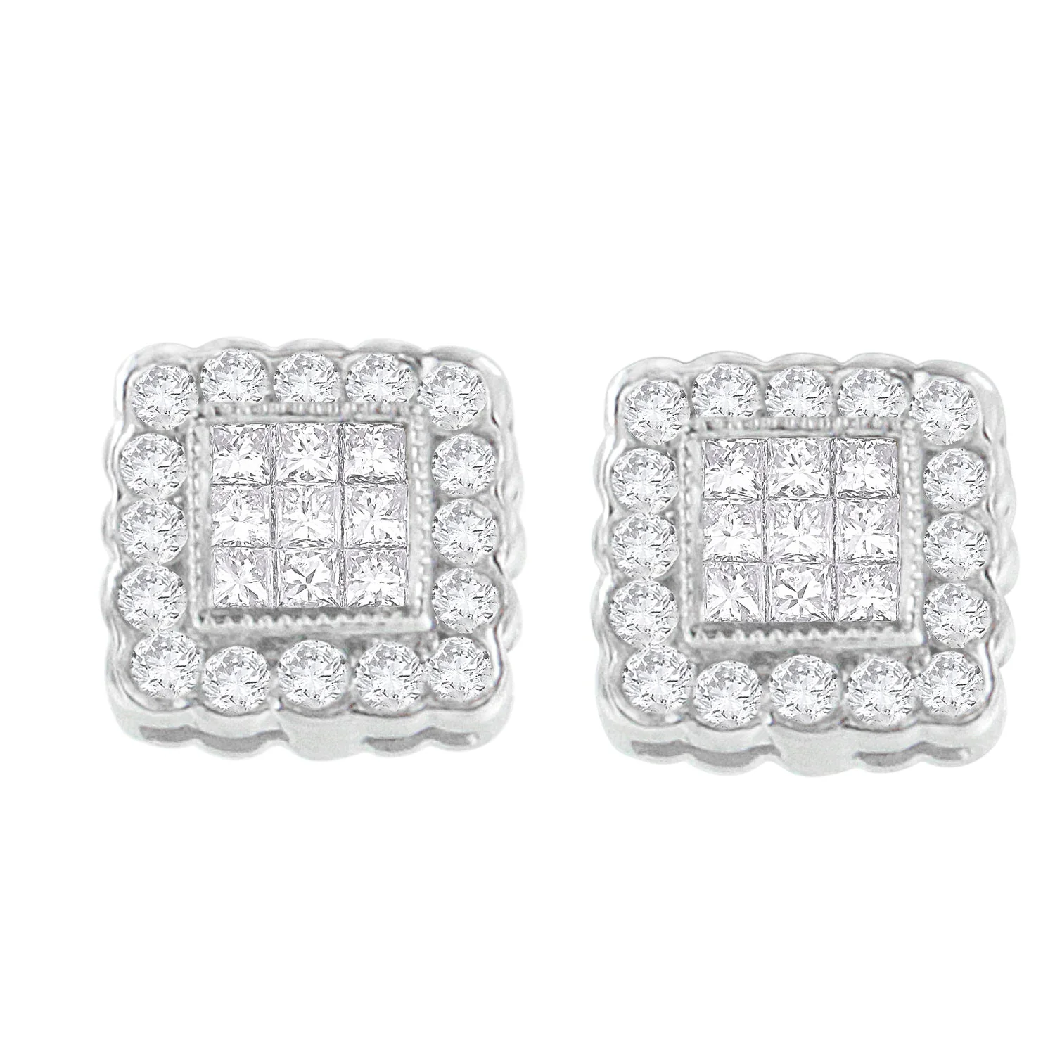 14K White Gold 1.0 Cttw Round Brilliant & Princess Cut Diamond Scallop-Edge Framed Square Halo Stud Earrings (G-H Color, SI1-SI2 Clarity)