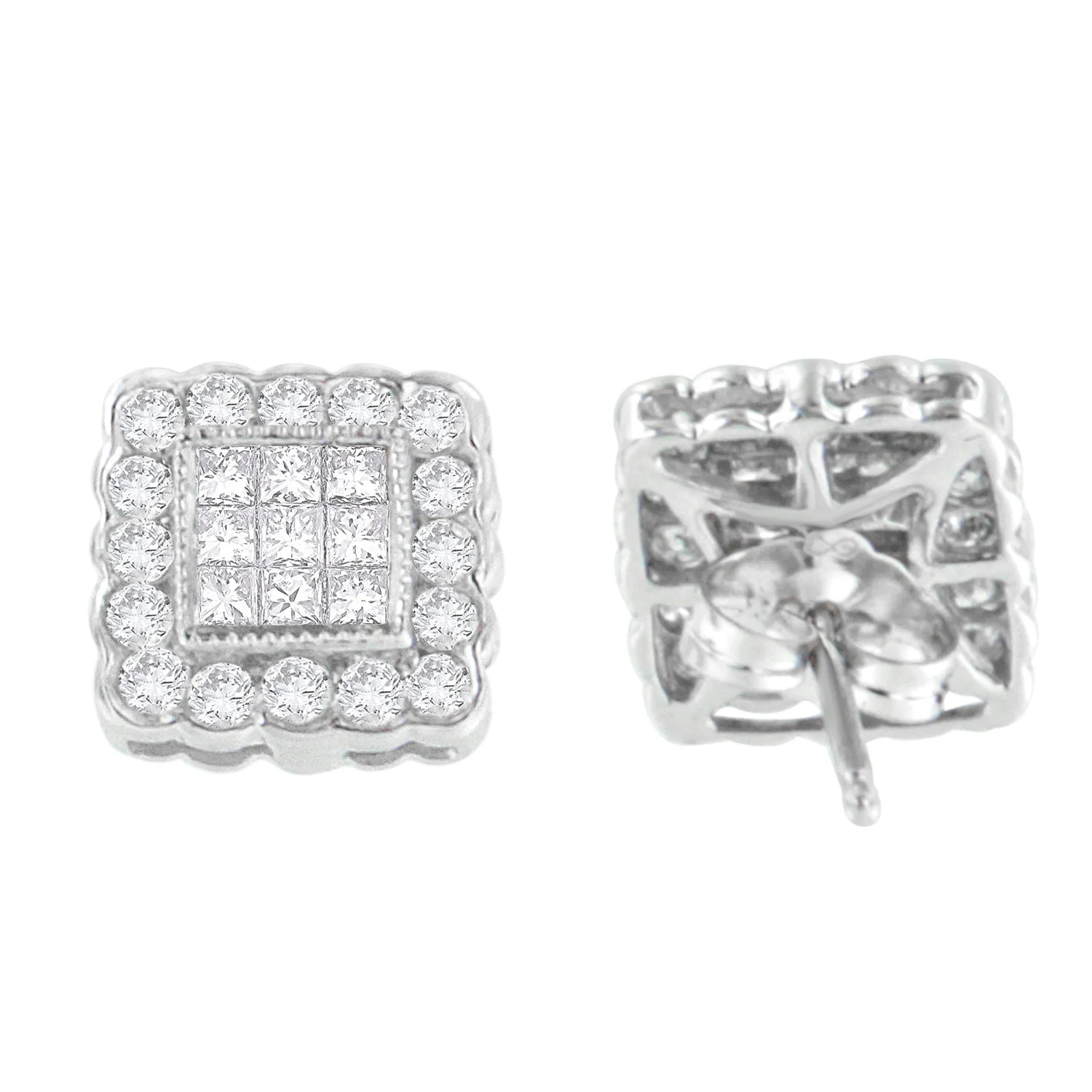 14K White Gold 1.0 Cttw Round Brilliant & Princess Cut Diamond Scallop-Edge Framed Square Halo Stud Earrings (G-H Color, SI1-SI2 Clarity) - Image 2