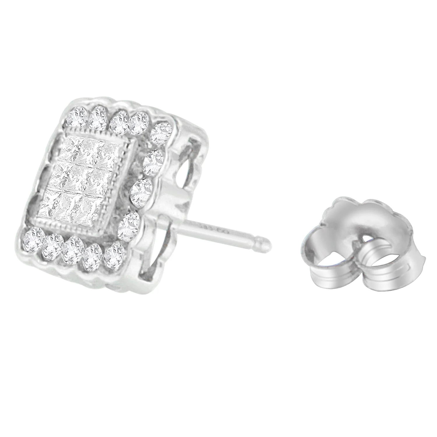 14K White Gold 1.0 Cttw Round Brilliant & Princess Cut Diamond Scallop-Edge Framed Square Halo Stud Earrings (G-H Color, SI1-SI2 Clarity) - Image 3