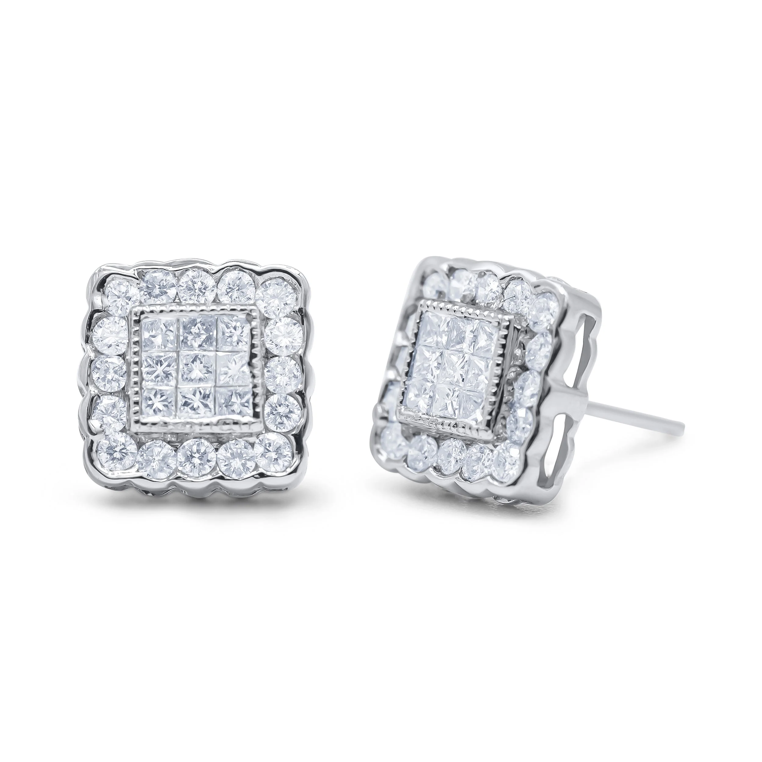 14K White Gold 1.0 Cttw Round Brilliant & Princess Cut Diamond Scallop-Edge Framed Square Halo Stud Earrings (G-H Color, SI1-SI2 Clarity) - Image 4