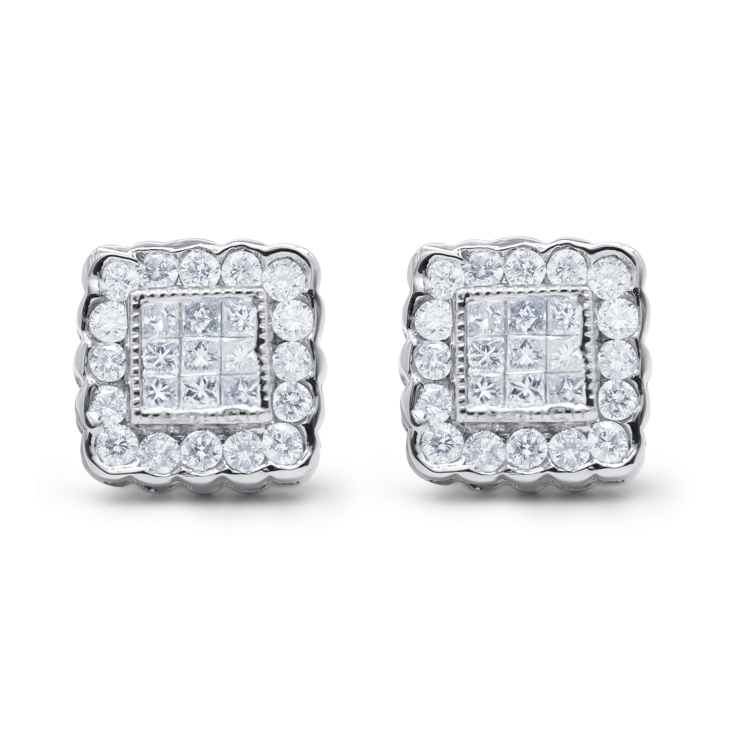 14K White Gold 1.0 Cttw Round Brilliant & Princess Cut Diamond Scallop-Edge Framed Square Halo Stud Earrings (G-H Color, SI1-SI2 Clarity) - Image 5