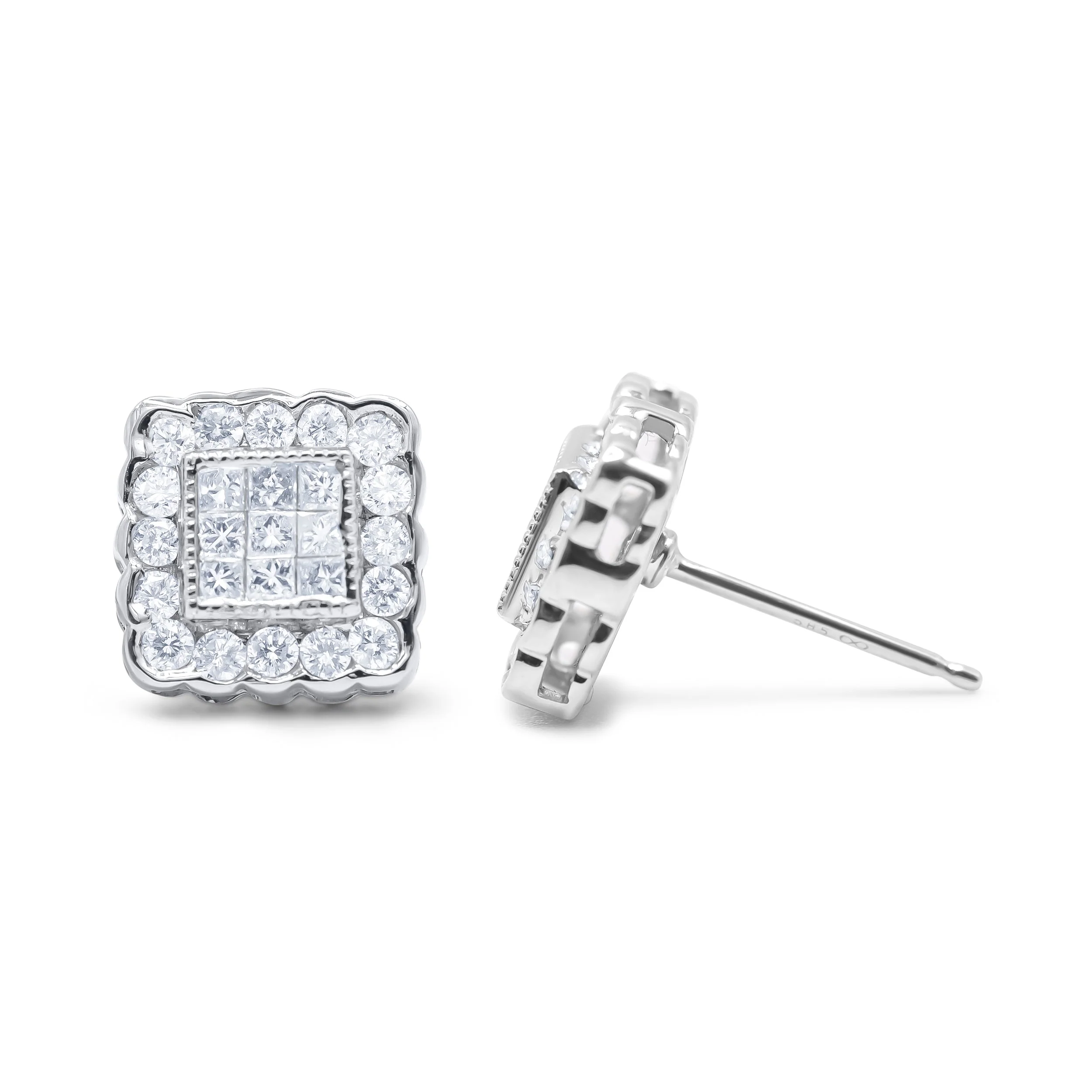 14K White Gold 1.0 Cttw Round Brilliant & Princess Cut Diamond Scallop-Edge Framed Square Halo Stud Earrings (G-H Color, SI1-SI2 Clarity) - Image 6