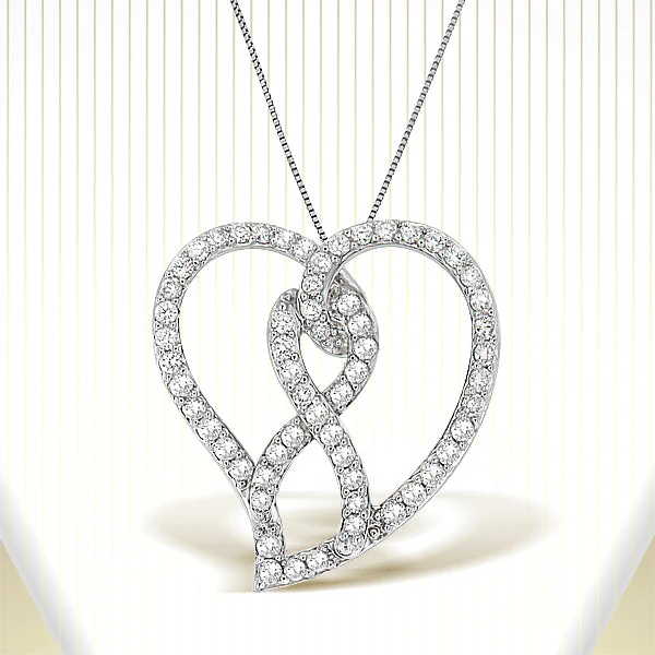 14K White Gold 1.0 Cttw White Diamond Awareness Ribbon & Open Heart 18" Pendant Necklace (H-I Color, I1-I2 Clarity) - White Diamond Ribbon