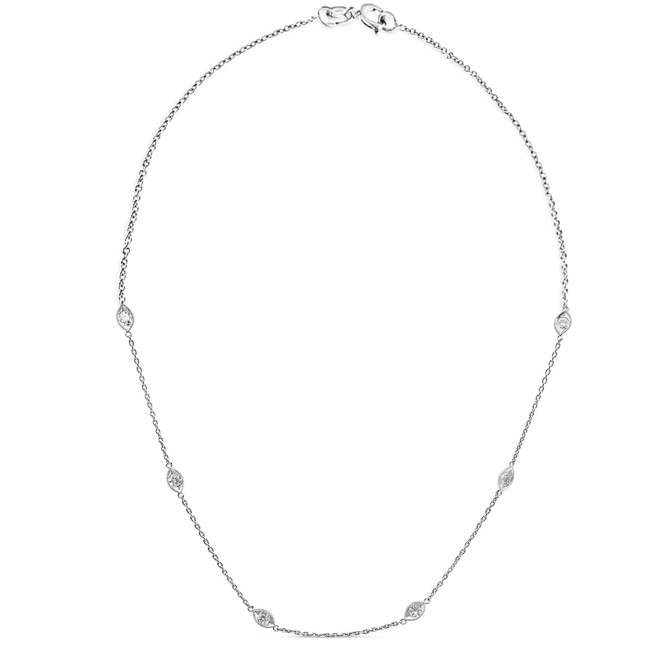 14K White Gold 1.00 Cttw Bezel Set Round Diamond Marquise Shaped Milgrain Station 18" Collar Necklace (G-H Color, SI1-SI2 Clarity) - Image 10
