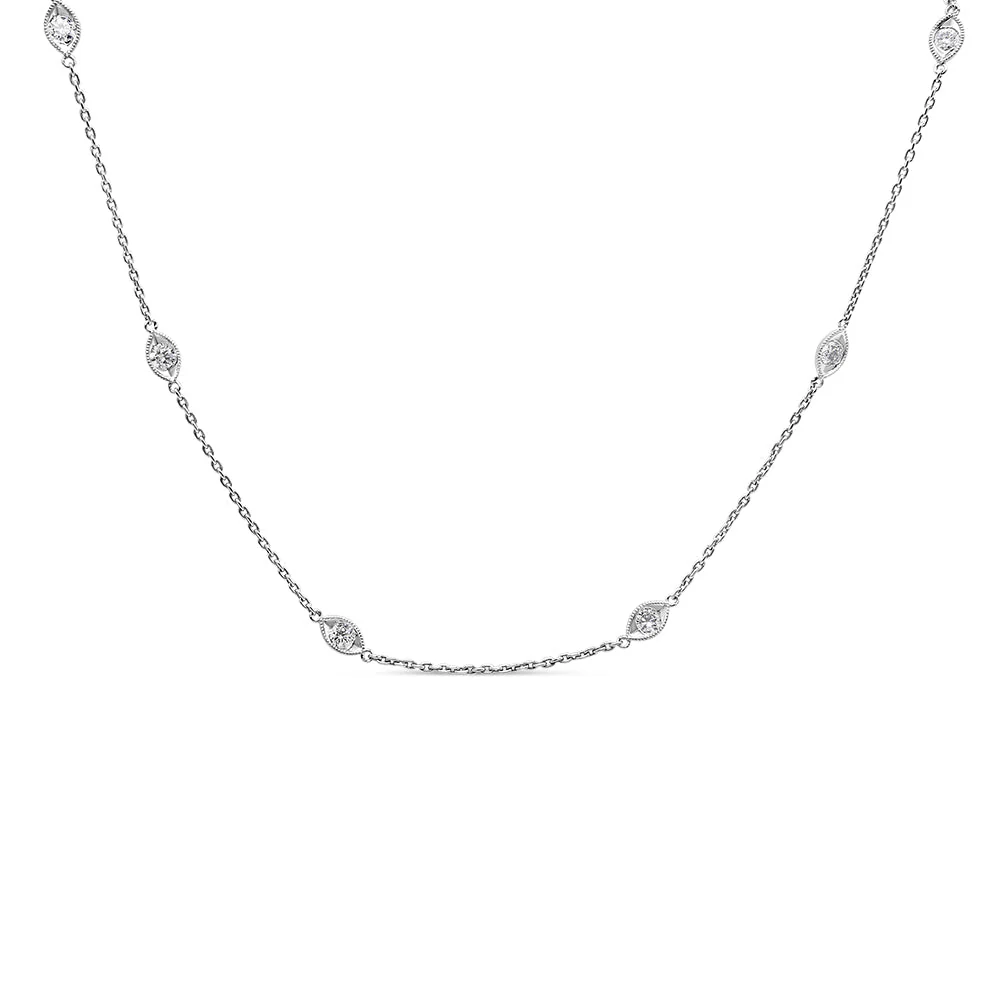 14K White Gold 1.00 Cttw Bezel Set Round Diamond Marquise Shaped Milgrain Station 18" Collar Necklace (G-H Color, SI1-SI2 Clarity) - Image 6