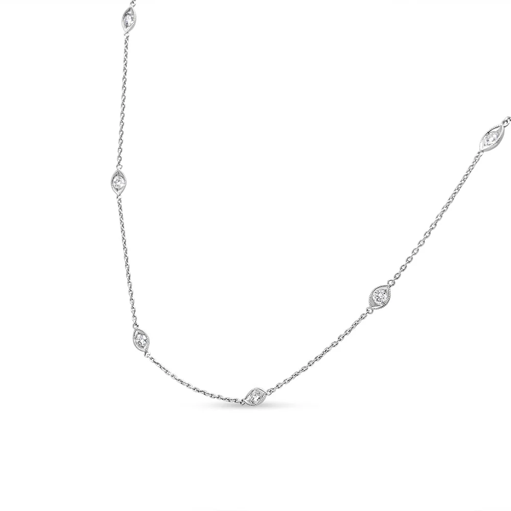 14K White Gold 1.00 Cttw Bezel Set Round Diamond Marquise Shaped Milgrain Station 18" Collar Necklace (G-H Color, SI1-SI2 Clarity) - Image 7