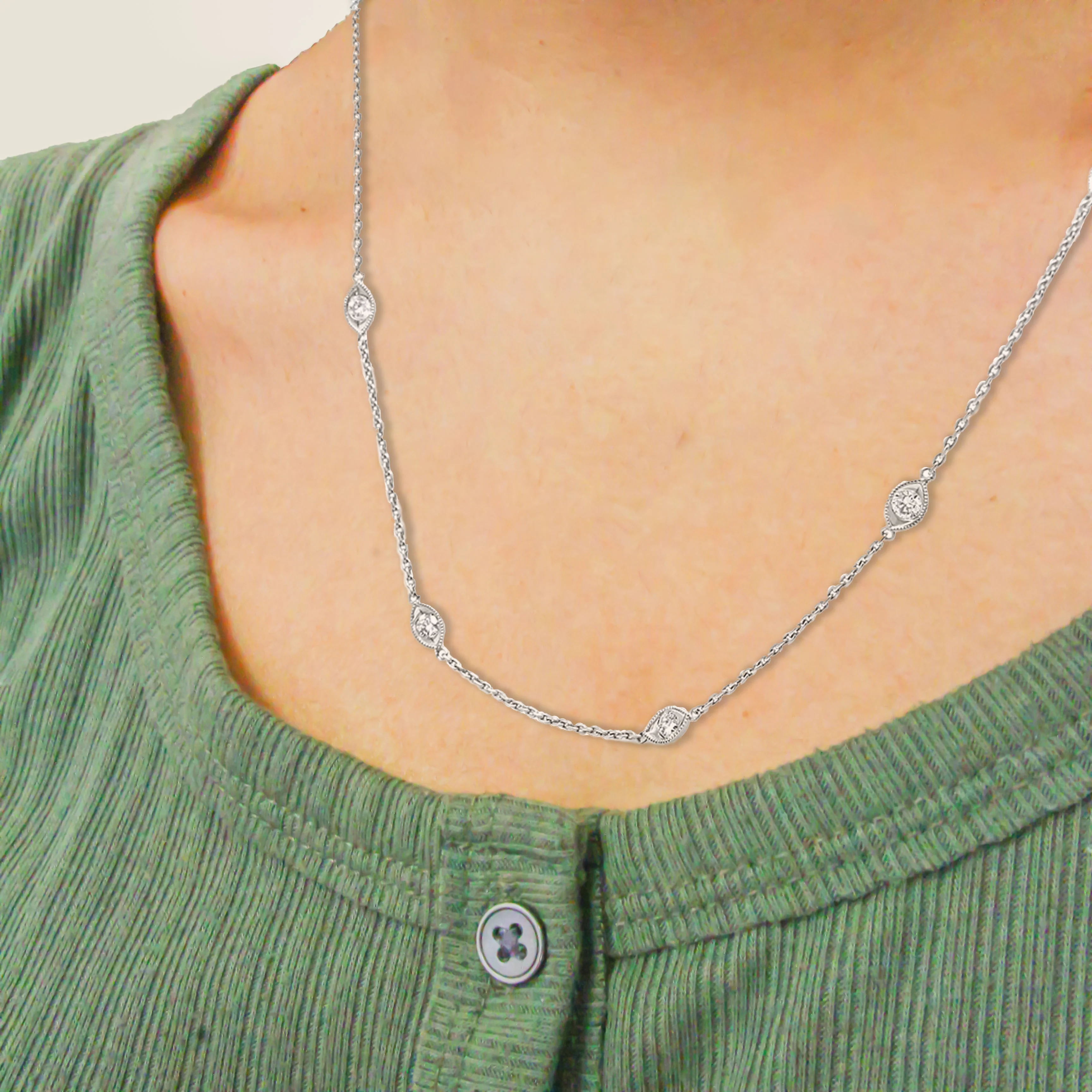 14K White Gold 1.00 Cttw Bezel Set Round Diamond Marquise Shaped Milgrain Station 18" Collar Necklace (G-H Color, SI1-SI2 Clarity) - Image 9