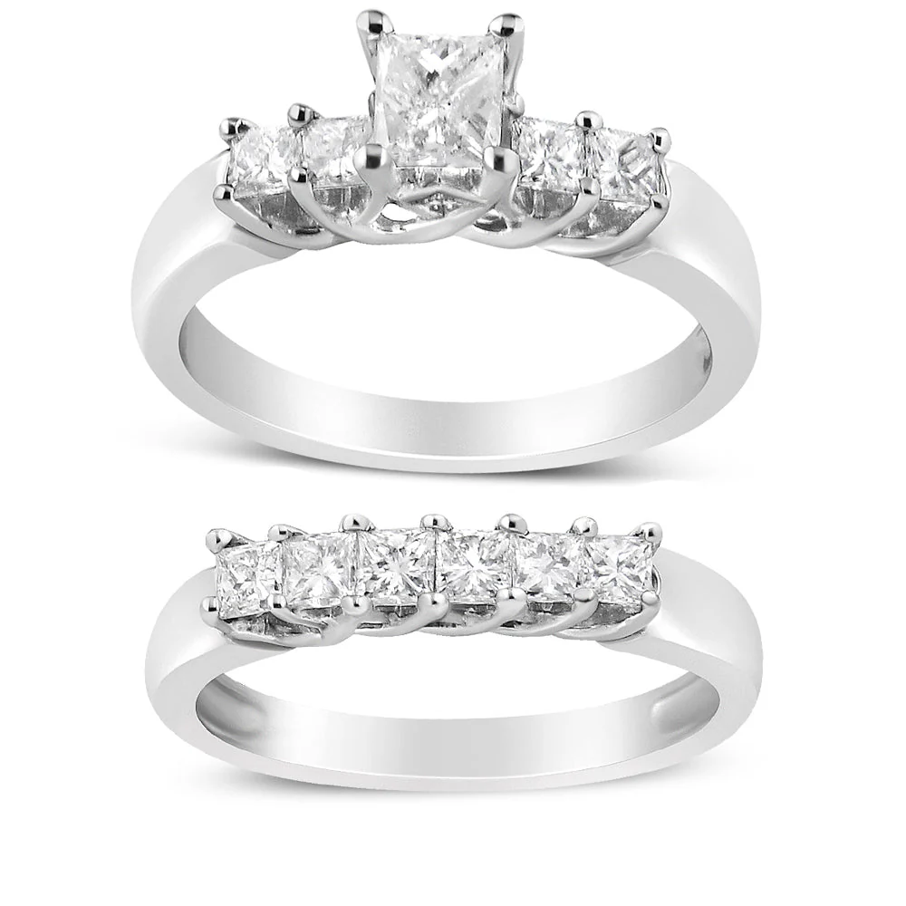 14K White Gold 1 1/2 Cttw 5 Stone Princess Diamond Engagement Wedding Ring Set (H-I Color, SI2-I1 Clarity) - Ring Size 7 - Image 2