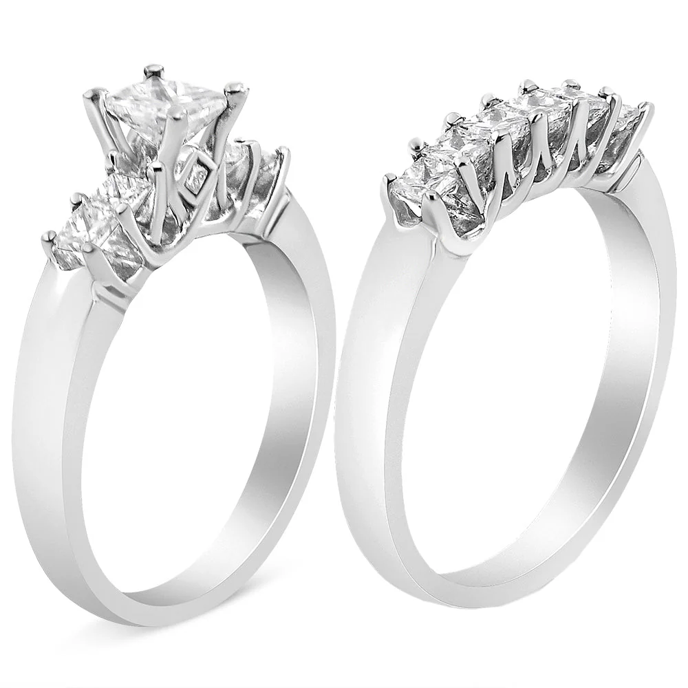 14K White Gold 1 1/2 Cttw 5 Stone Princess Diamond Engagement Wedding Ring Set (H-I Color, SI2-I1 Clarity) - Ring Size 7 - Image 3