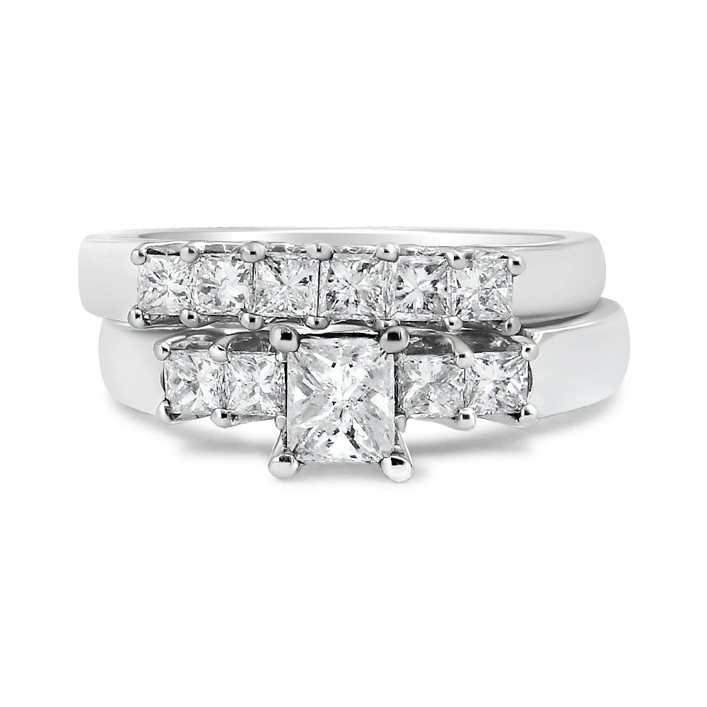 14K White Gold 1 1/2 Cttw 5 Stone Princess Diamond Engagement Wedding Ring Set (H-I Color, SI2-I1 Clarity) - Ring Size 7 - Image 9