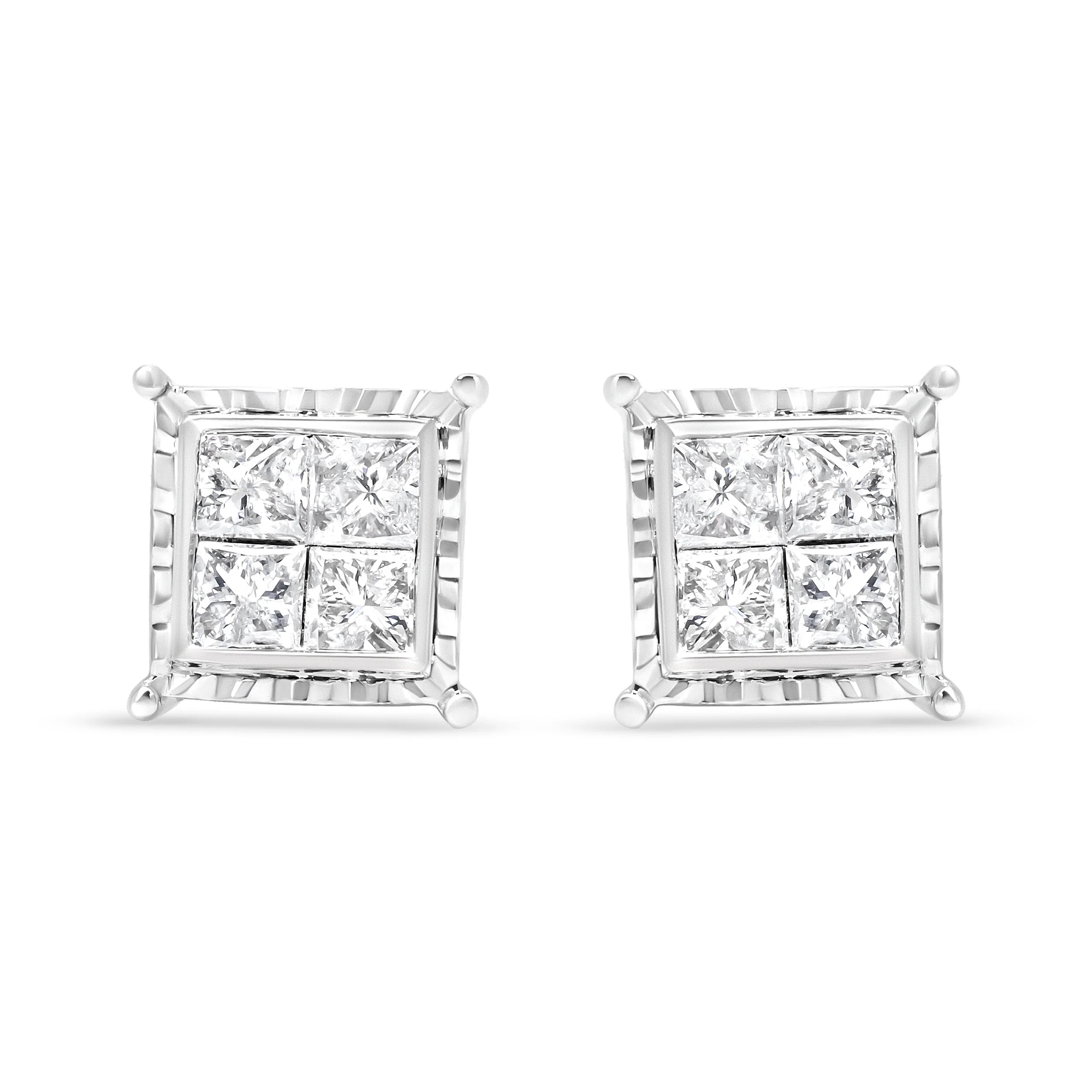14K White Gold 1 1/2 Cttw Invisible Set Princess-Cut Diamond Contemporary Wavy Quad Stud Earrings (I-J Color, I1-I2 Clarity) - Image 2