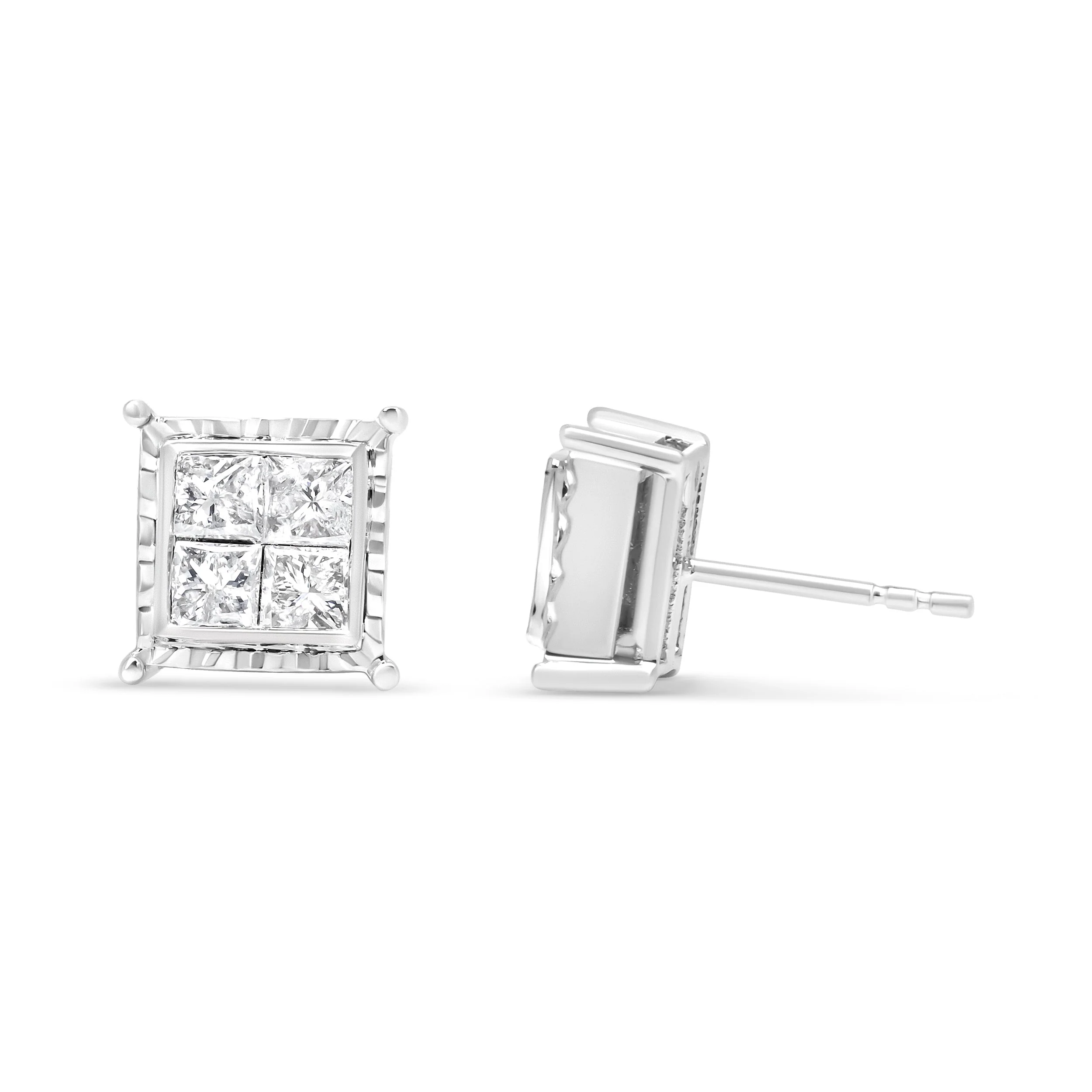 14K White Gold 1 1/2 Cttw Invisible Set Princess-Cut Diamond Contemporary Wavy Quad Stud Earrings (I-J Color, I1-I2 Clarity) - Image 3