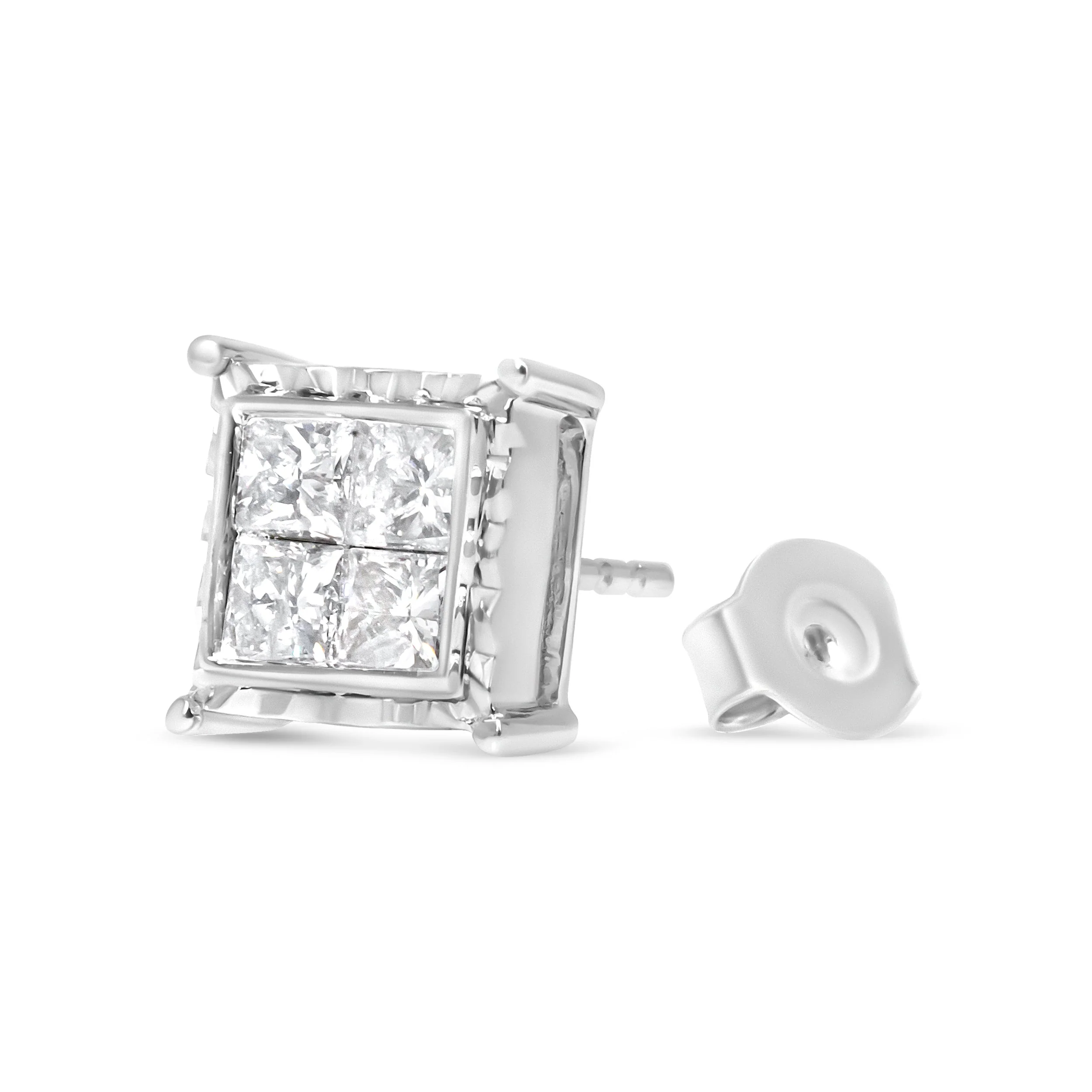 14K White Gold 1 1/2 Cttw Invisible Set Princess-Cut Diamond Contemporary Wavy Quad Stud Earrings (I-J Color, I1-I2 Clarity) - Image 4